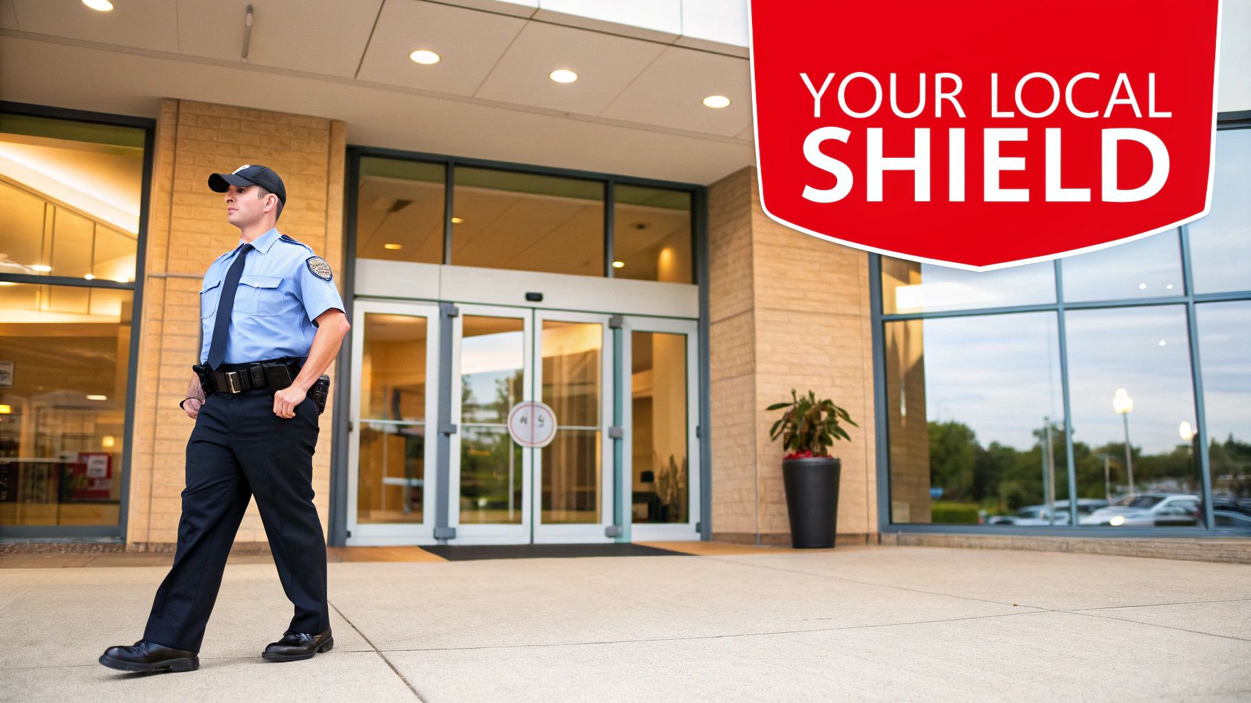 Security officer in uniform walking outside a building, emphasizing local protection with a "Your Local Shield" sign, reflecting community-focused security services.