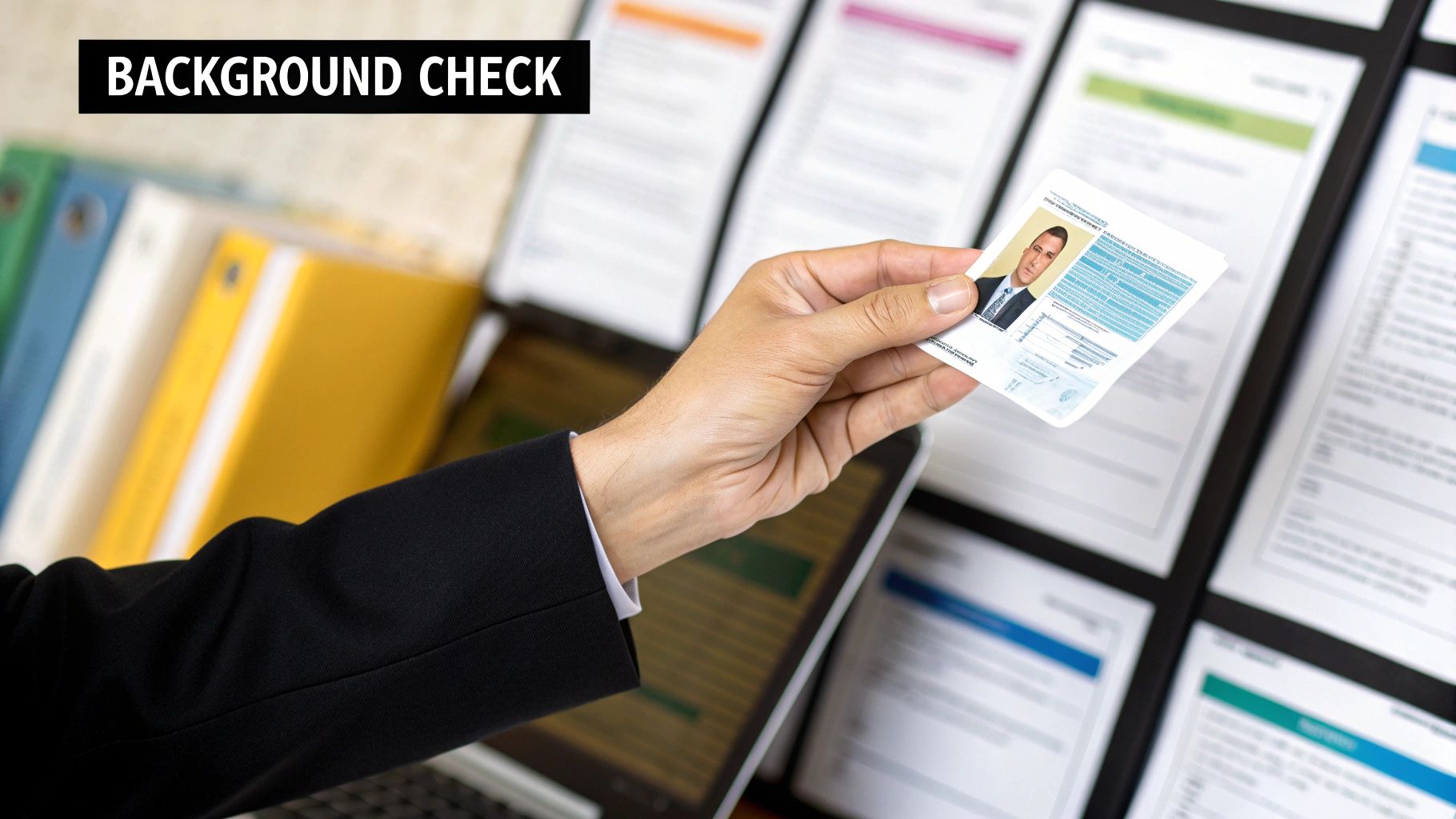 Hand holding an identification card labeled "BACKGROUND CHECK" with documents and a laptop in the background, emphasizing the importance of thorough vetting in security personnel hiring processes.