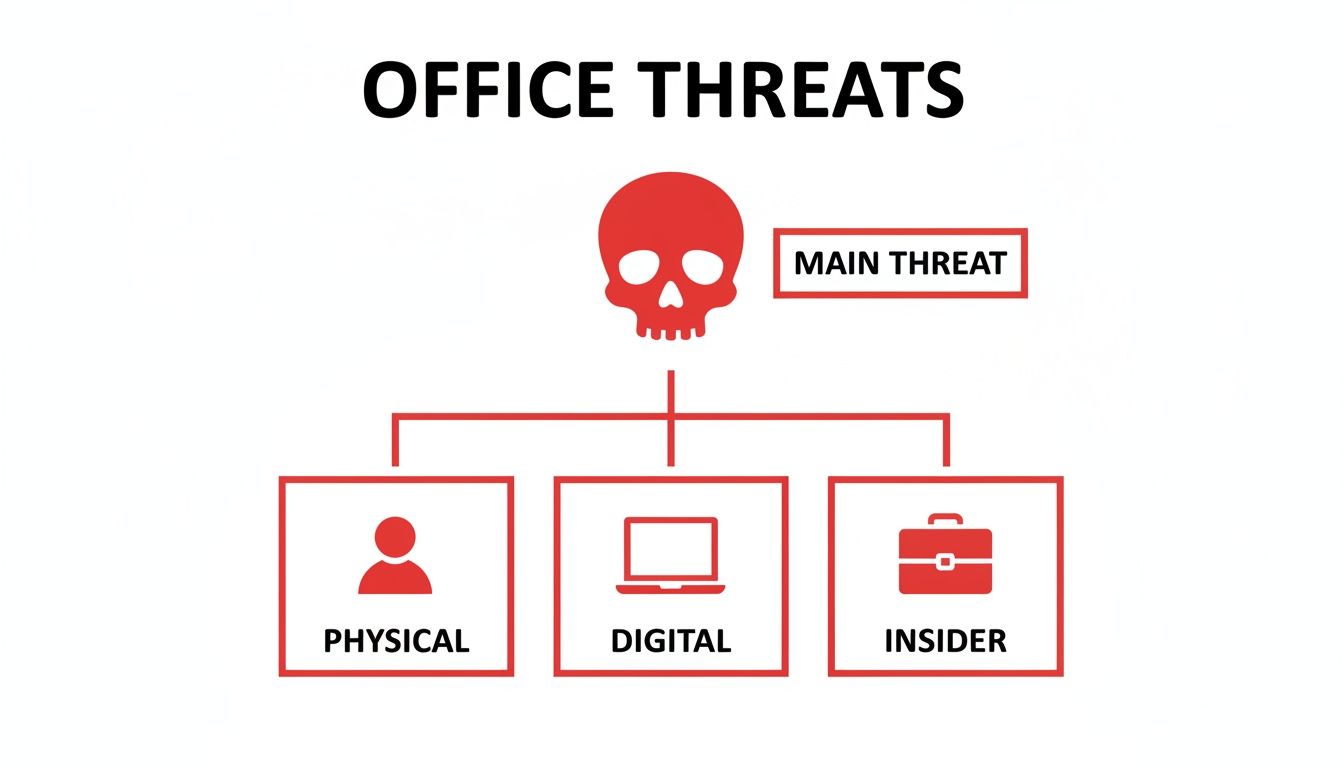 A red diagram illustrating office threats, categorized into main threat, physical, digital, and insider threats.