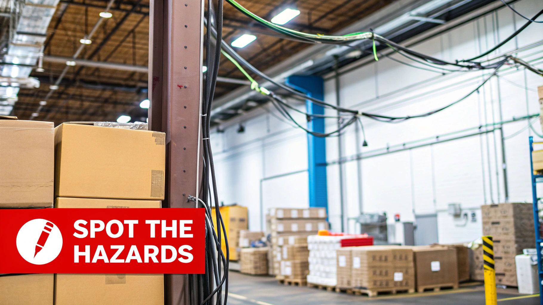 Boxes stacked in a warehouse with visible electrical wires and a red banner stating "SPOT THE HAZARDS," emphasizing the importance of identifying fire risks in workplace environments.