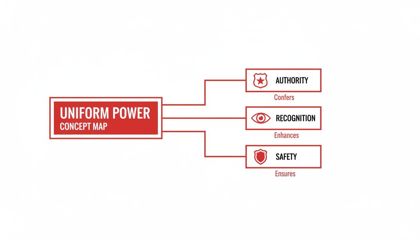 A concept map illustrating uniform power, showing how uniforms confer authority, enhance recognition, and ensure safety.