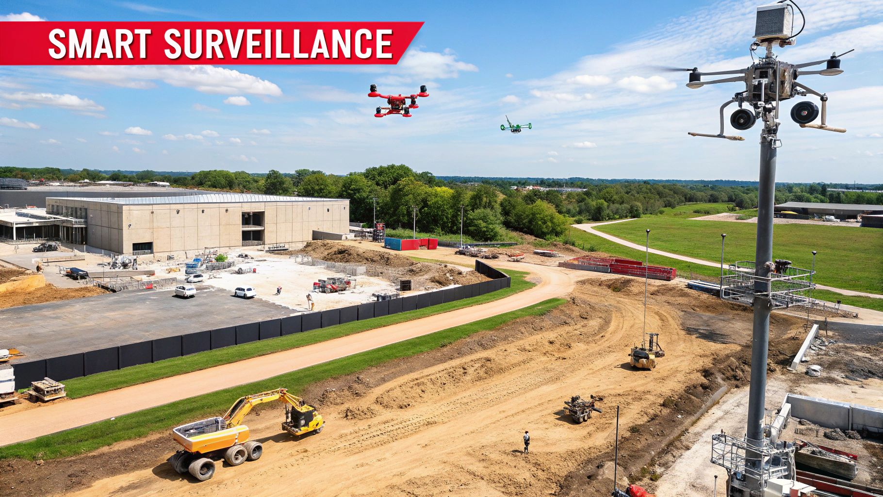 Smart surveillance technology at a construction site featuring drones monitoring the area, with a focus on security measures to prevent theft and ensure project safety.