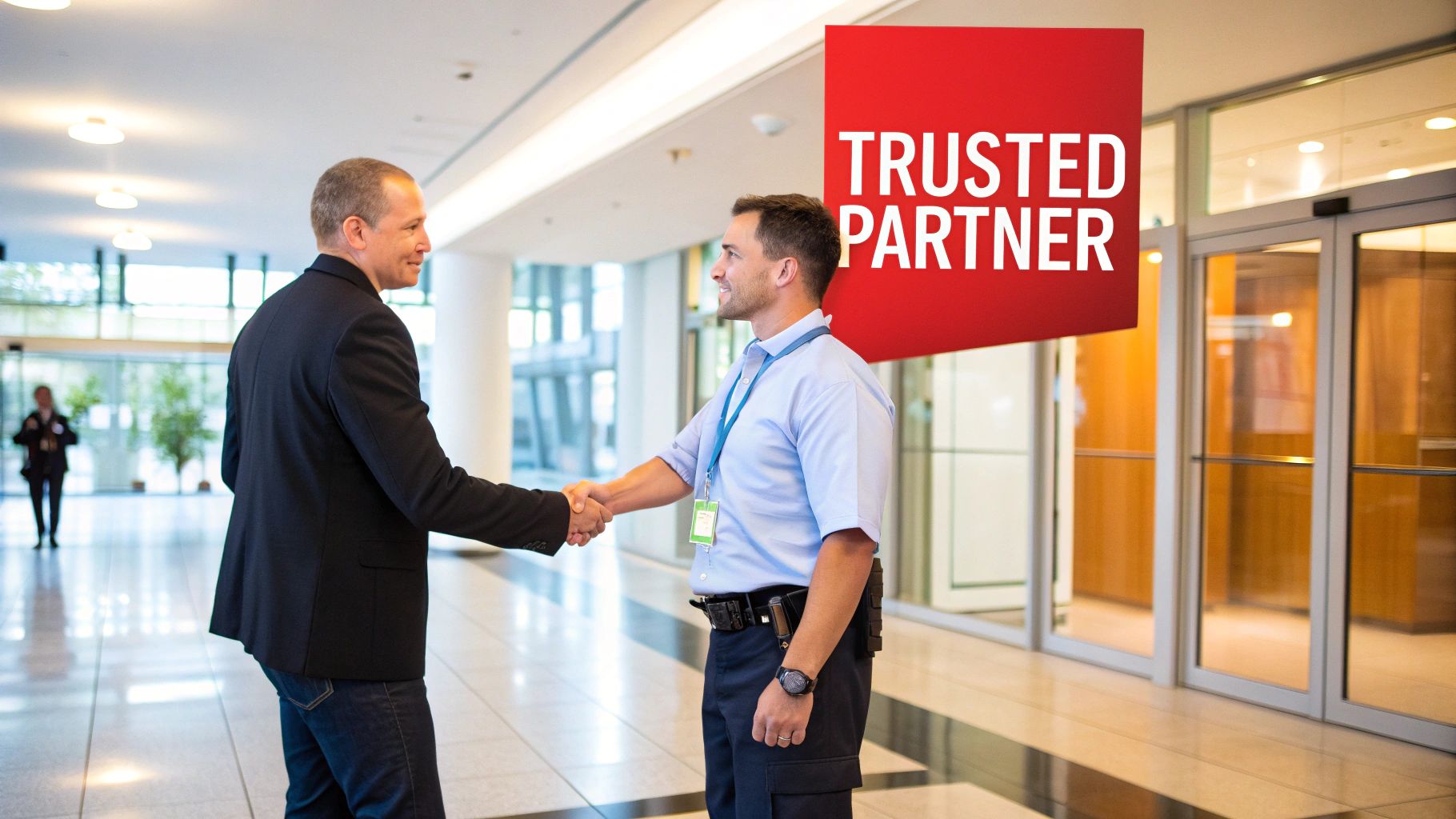 Business professional shaking hands with a security officer in a modern lobby, featuring a "Trusted Partner" banner, symbolizing collaboration and security partnership.