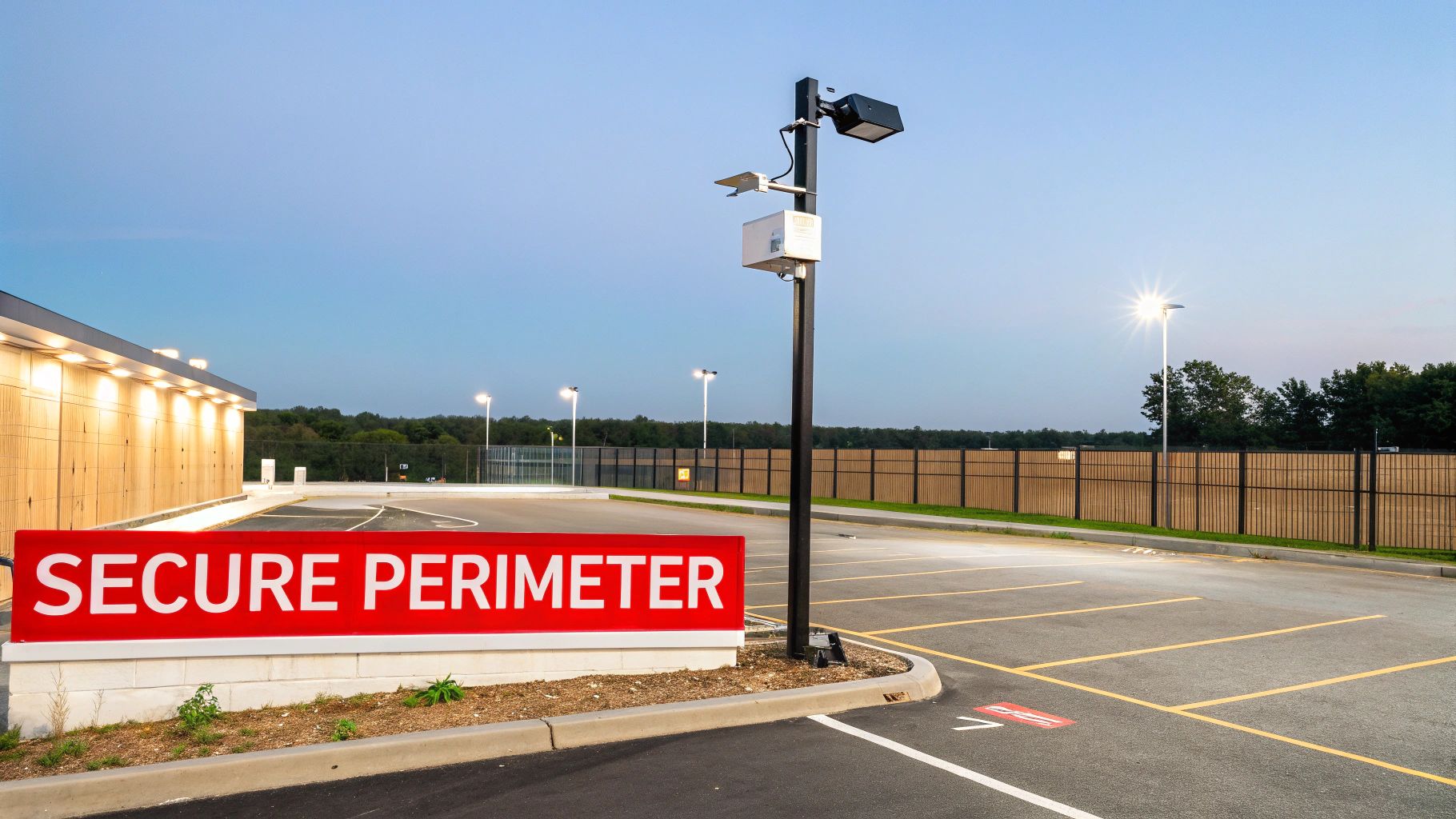 A secure perimeter entrance with a red sign, security camera pole, and illuminated parking lot at dusk.