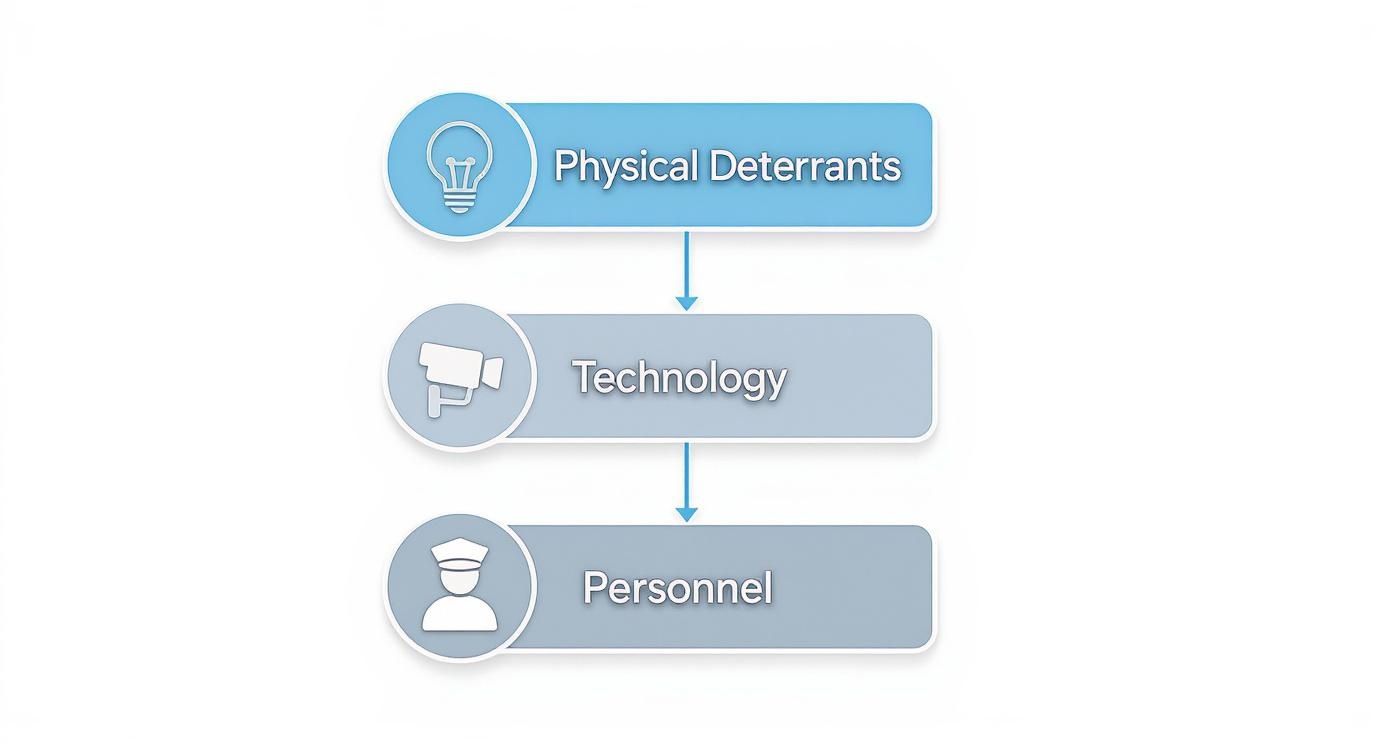 Flowchart illustrating three layers of security: Physical Deterrents, Technology, and Personnel, with icons.