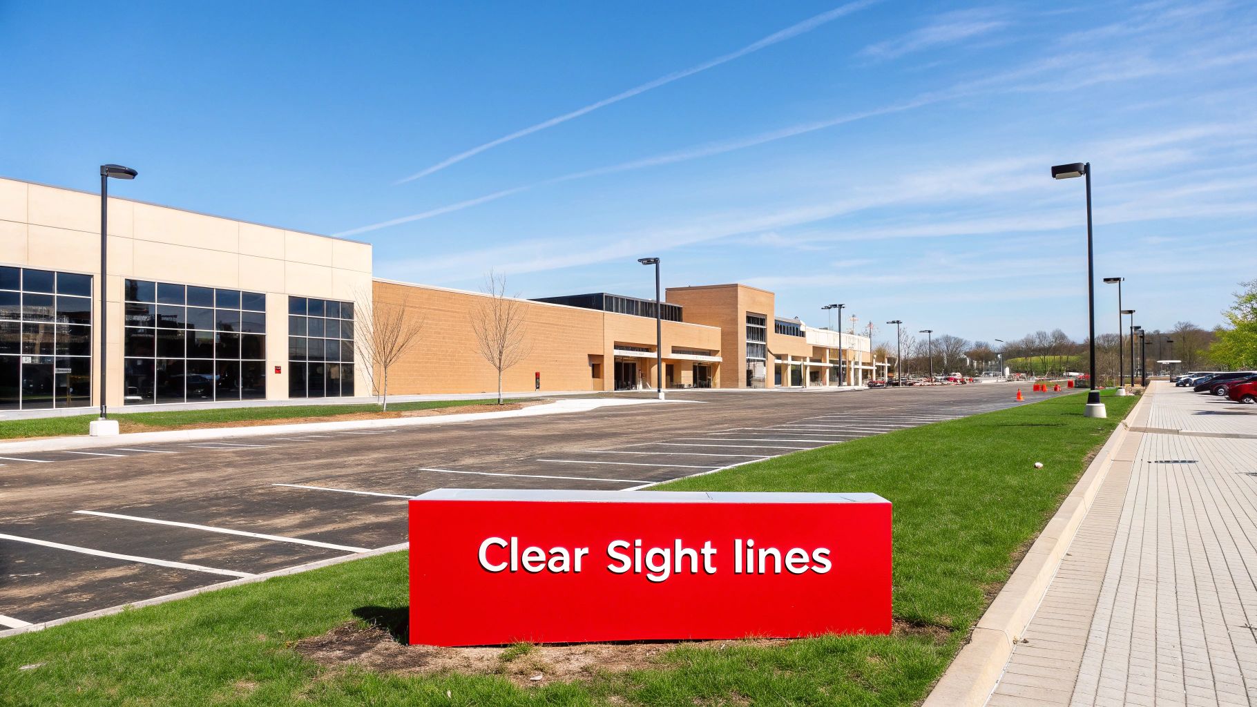 Clear sight lines sign in front of a retail store, emphasizing visibility for loss prevention and security strategies.