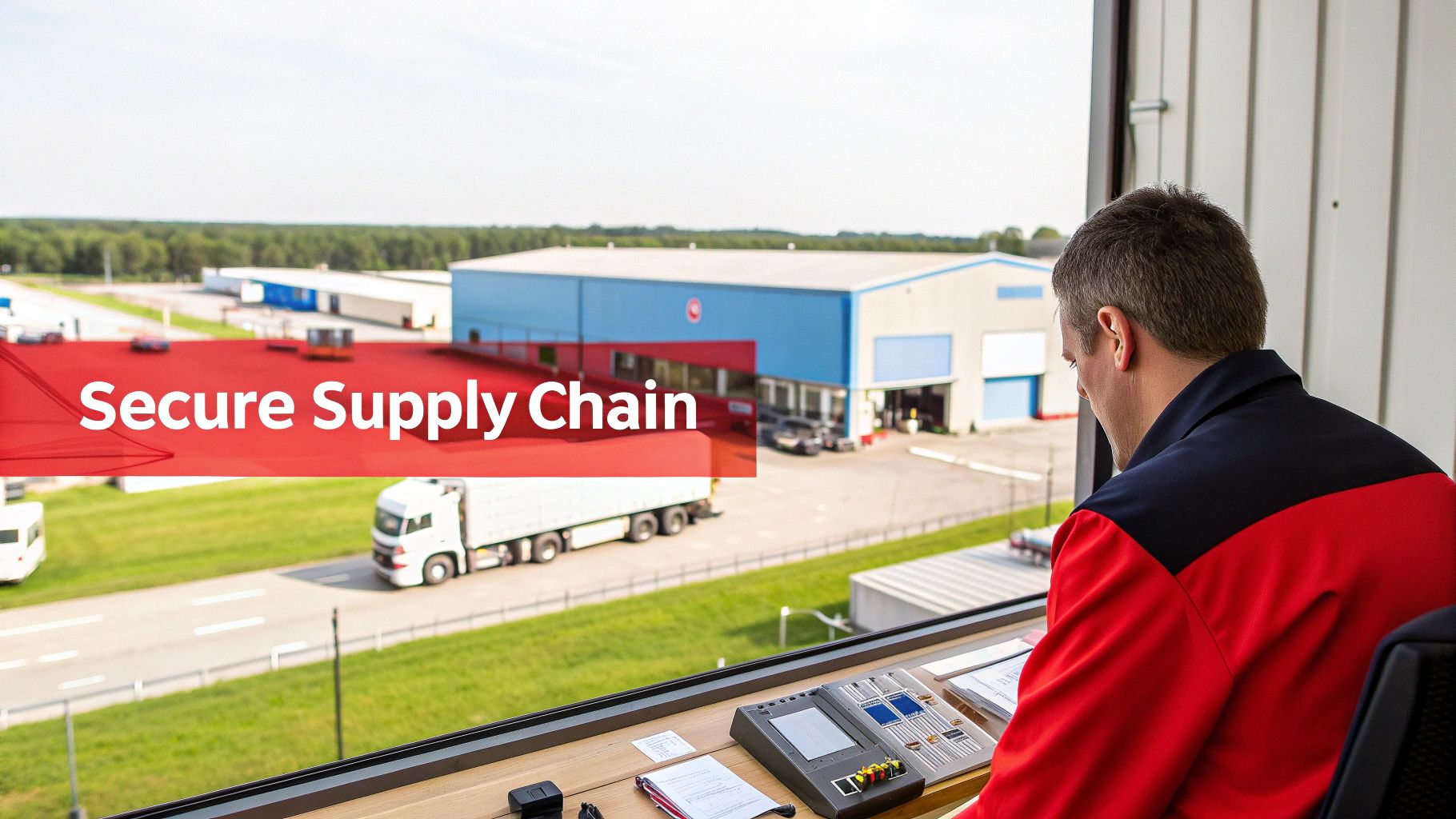 Logistics manager monitoring secure supply chain operations from control room overlooking distribution warehouse facility