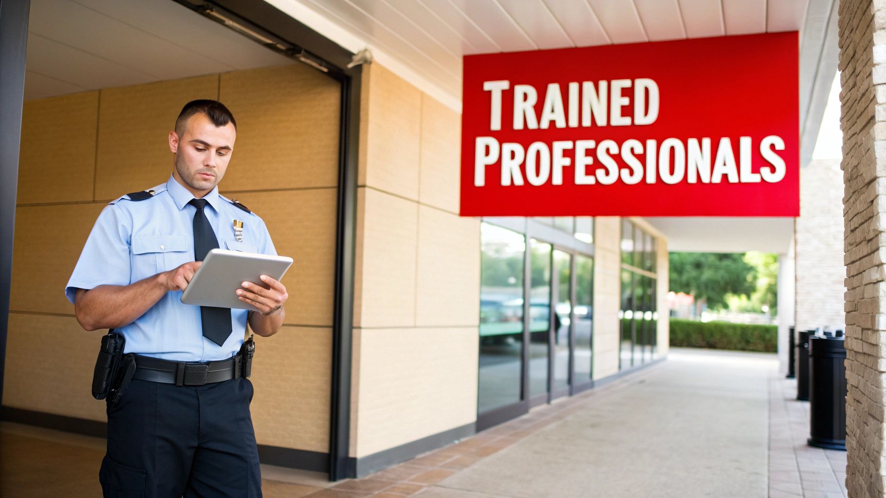 A professional security guard in uniform uses a tablet outside a building with a 'TRAINED PROFESSIONALS' sign.