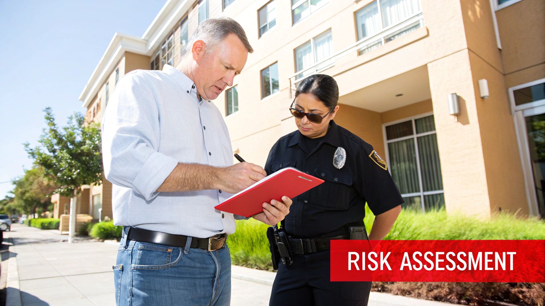 A man and a security guard conduct a risk assessment outside a building, with the man writing on a clipboard.