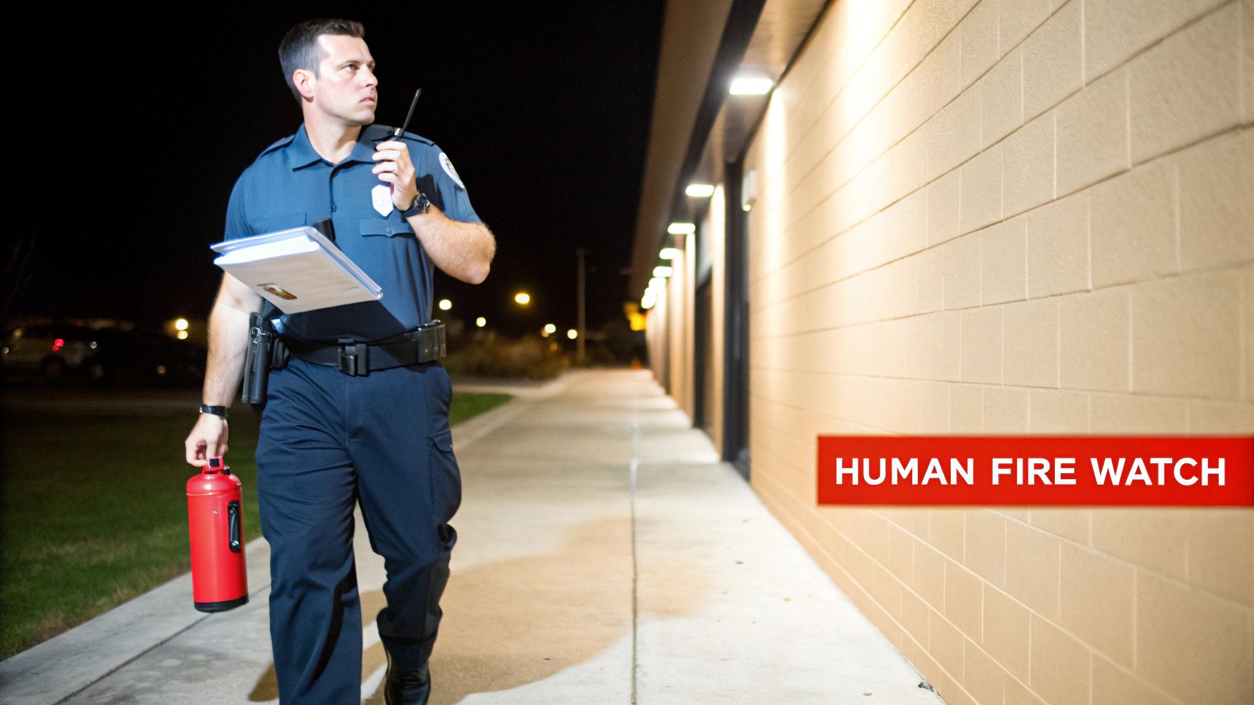 A security guard in uniform walks at night, holding a radio, clipboard, and fire extinguisher, performing a human fire watch.