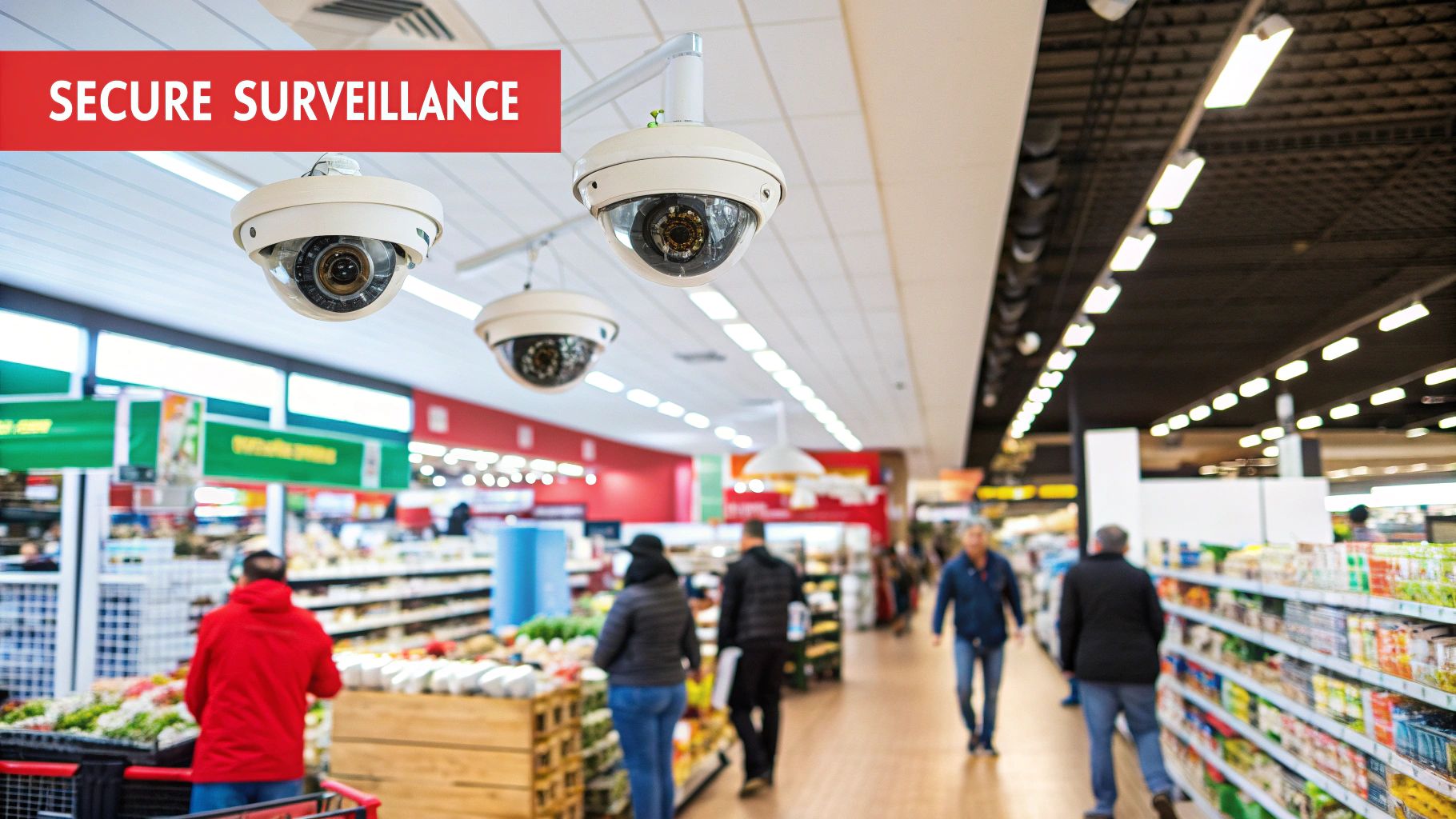 Secure surveillance cameras in a retail environment, emphasizing theft prevention and security measures for business owners.
