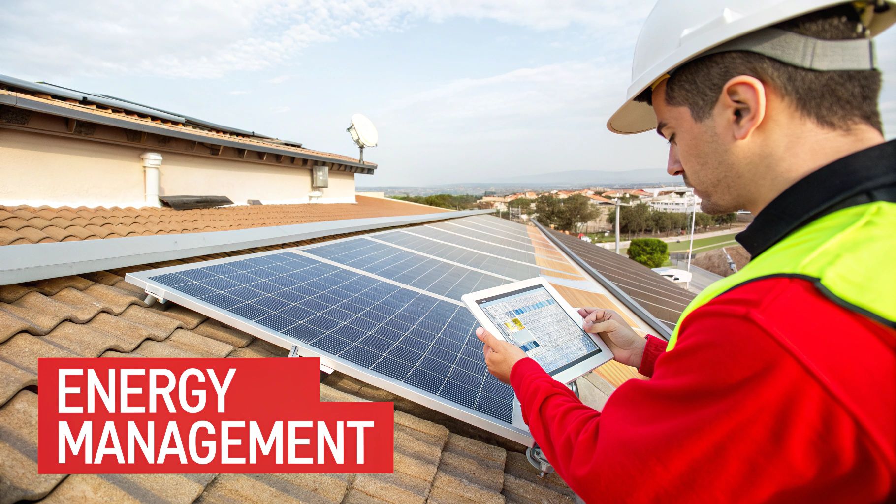 A technician on a roof with solar panels, using a tablet for energy management and inspection.