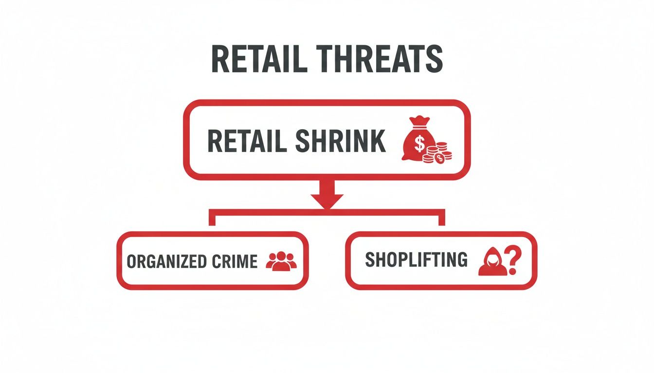 Flowchart illustrating retail threats: retail shrink caused by organized crime and shoplifting.