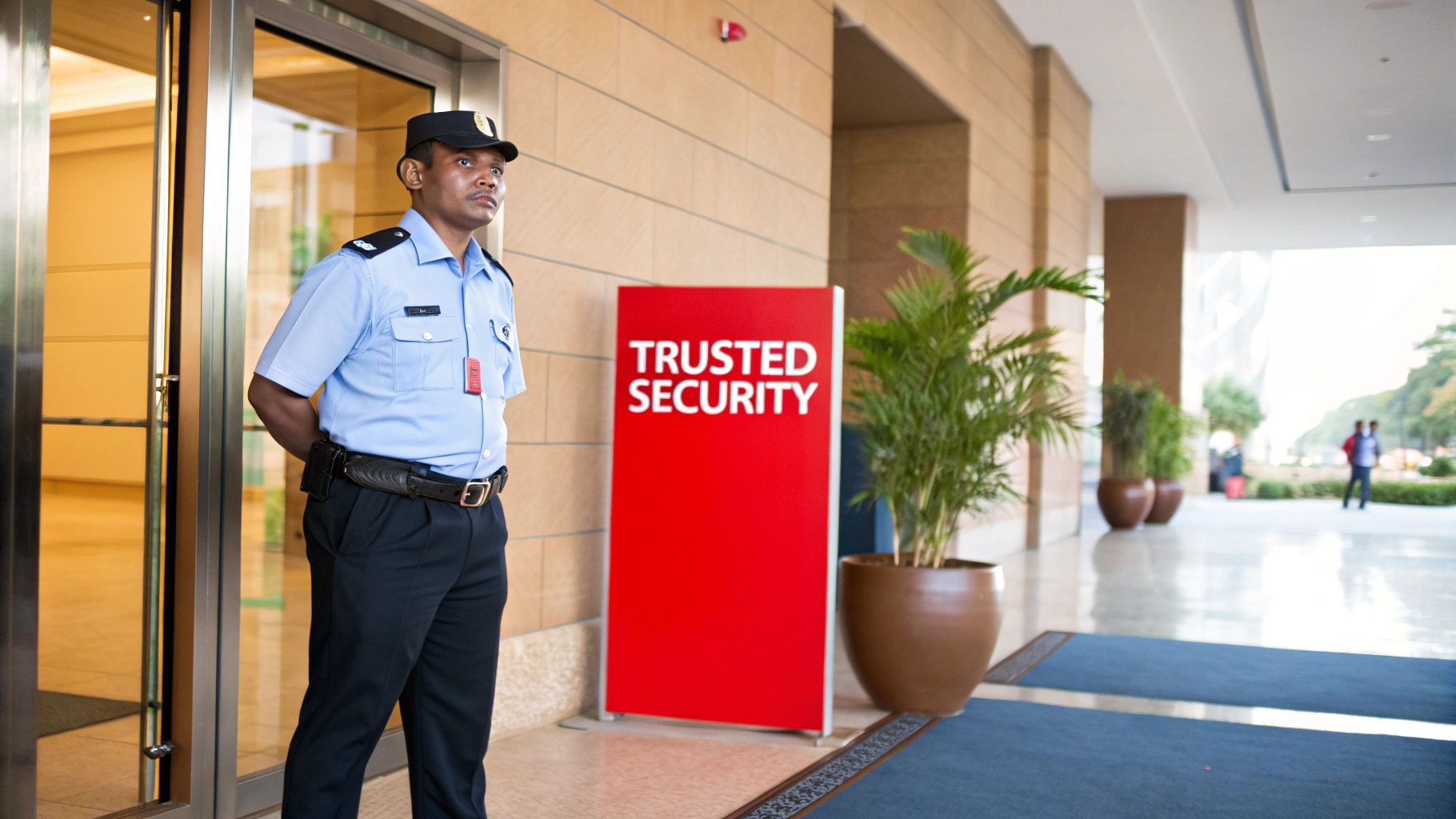 Security guard in uniform standing at entrance beside a red sign reading "TRUSTED SECURITY," representing professional security services in a commercial setting.