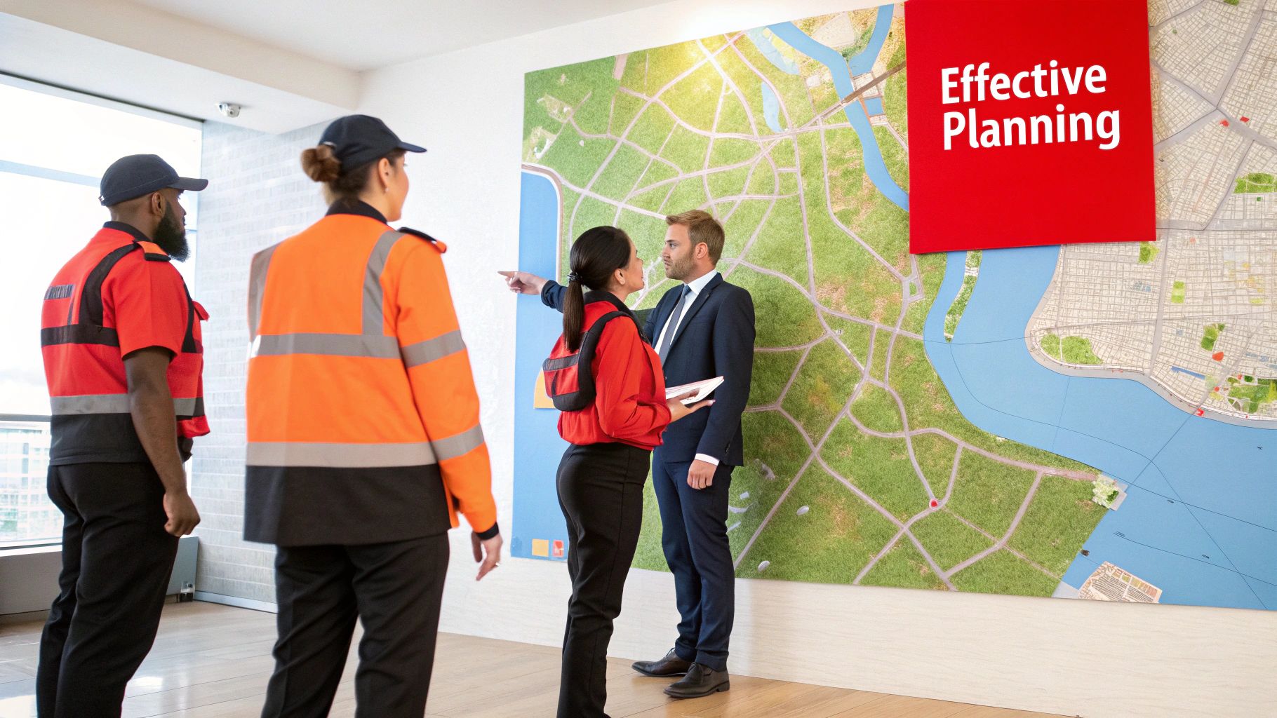 Security personnel in uniforms discussing effective planning strategies near a large map, highlighting the integration of mobile patrol services for property security.