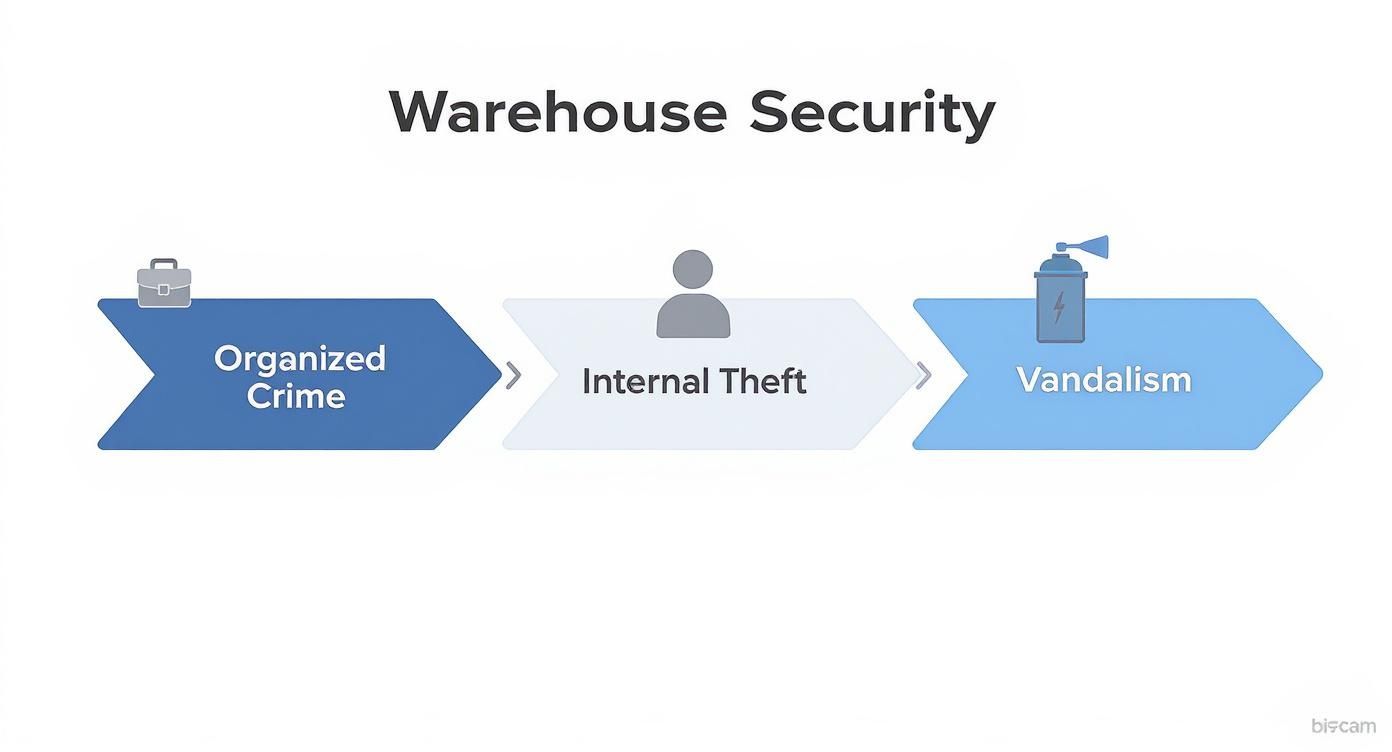 Flowchart illustrating warehouse security threats: organized crime, internal theft, and vandalism, with icons.