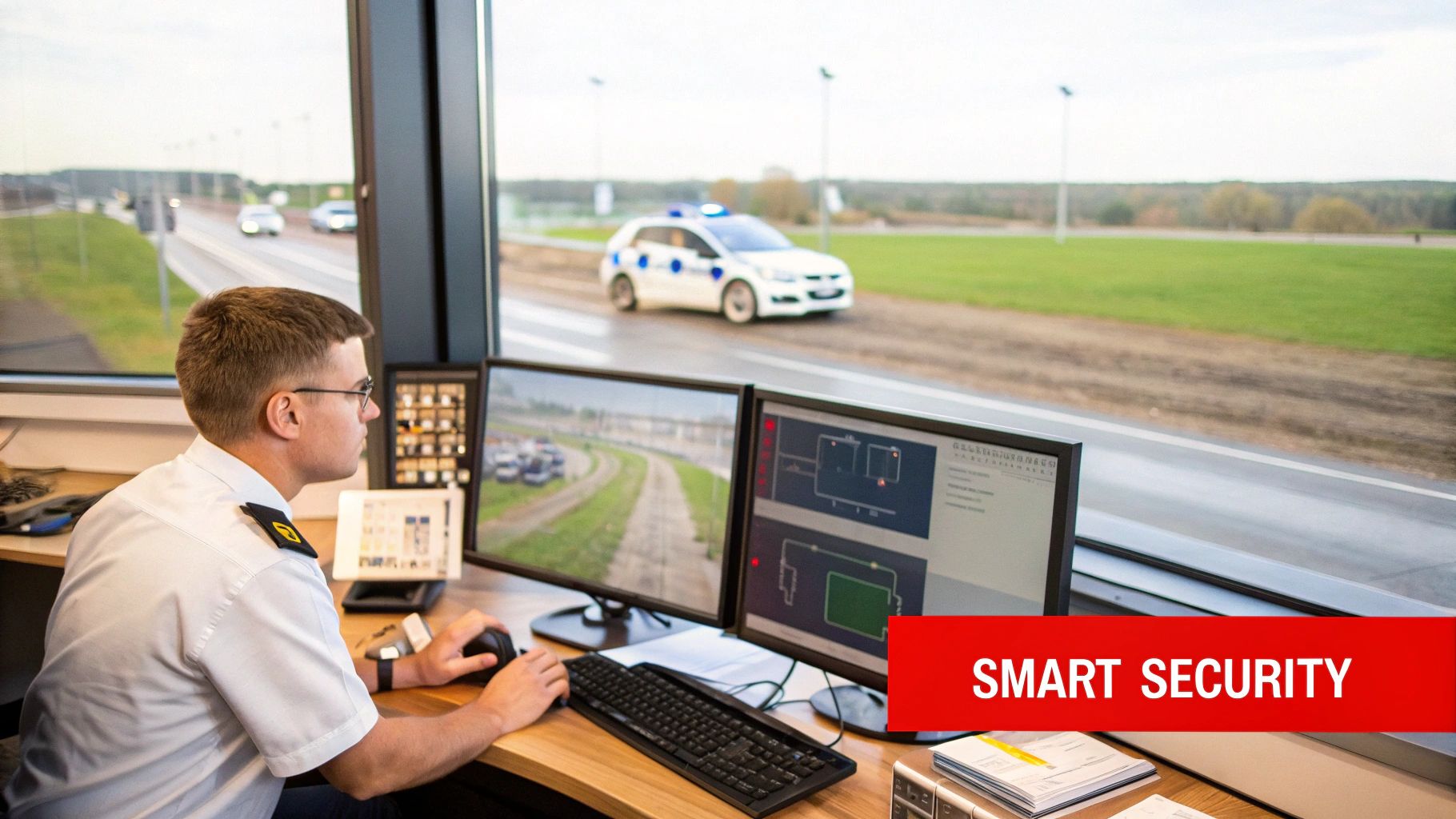 Security professional monitoring smart technology systems in a control room, with computer screens displaying surveillance and access control data, and a police vehicle visible outside, emphasizing modern security solutions.