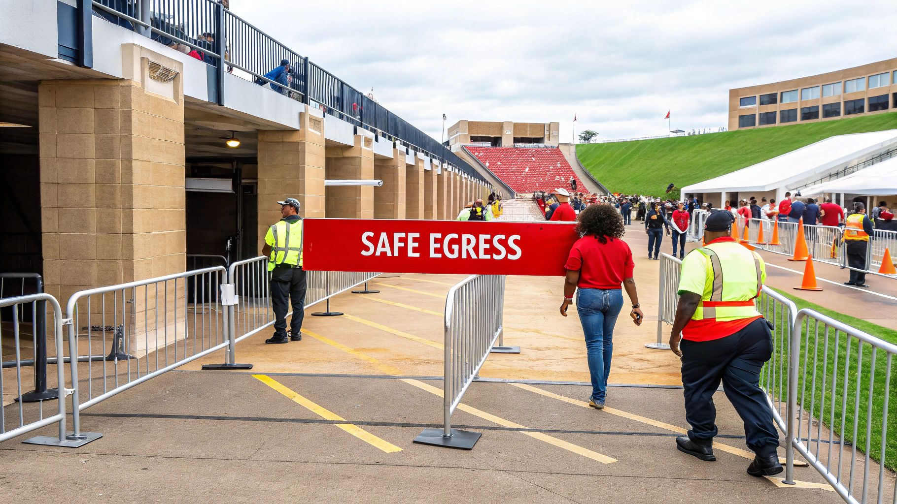 Event staff guide people through a safe egress area at a large outdoor stadium.