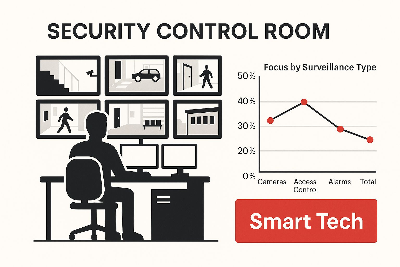 Security control room with surveillance screens displaying various security scenarios, including cameras and access points, illustrating Overton Security's focus on high-rise security solutions and smart technology.