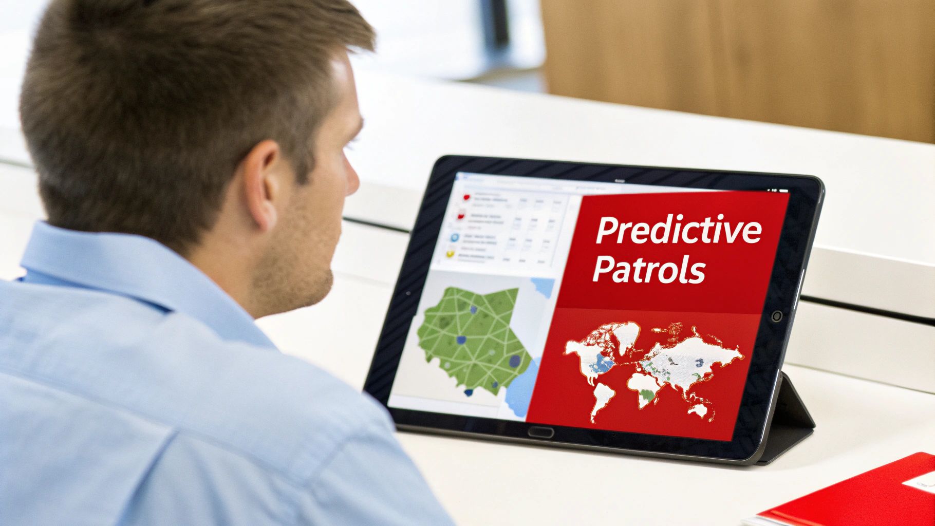 Man views tablet displaying 'Predictive Patrols' application with global and local maps.