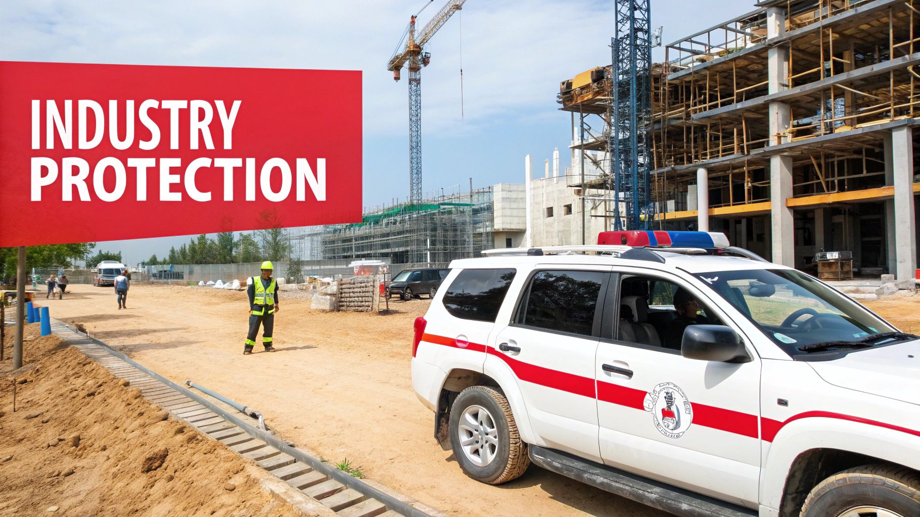 Construction site with security vehicle and sign reading "INDUSTRY PROTECTION," highlighting mobile patrols for enhanced security solutions.