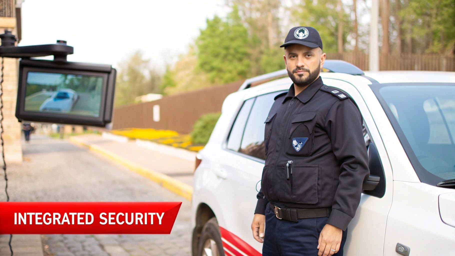 A security team collaborating, showing one member on a radio and another pointing to a screen.