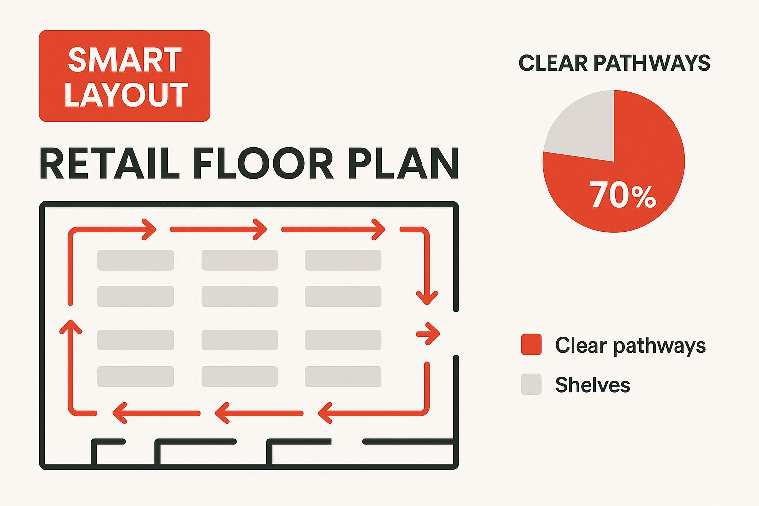 Retail floor plan diagram highlighting smart layout with 70% clear pathways and shelves, emphasizing strategic design for theft prevention.
