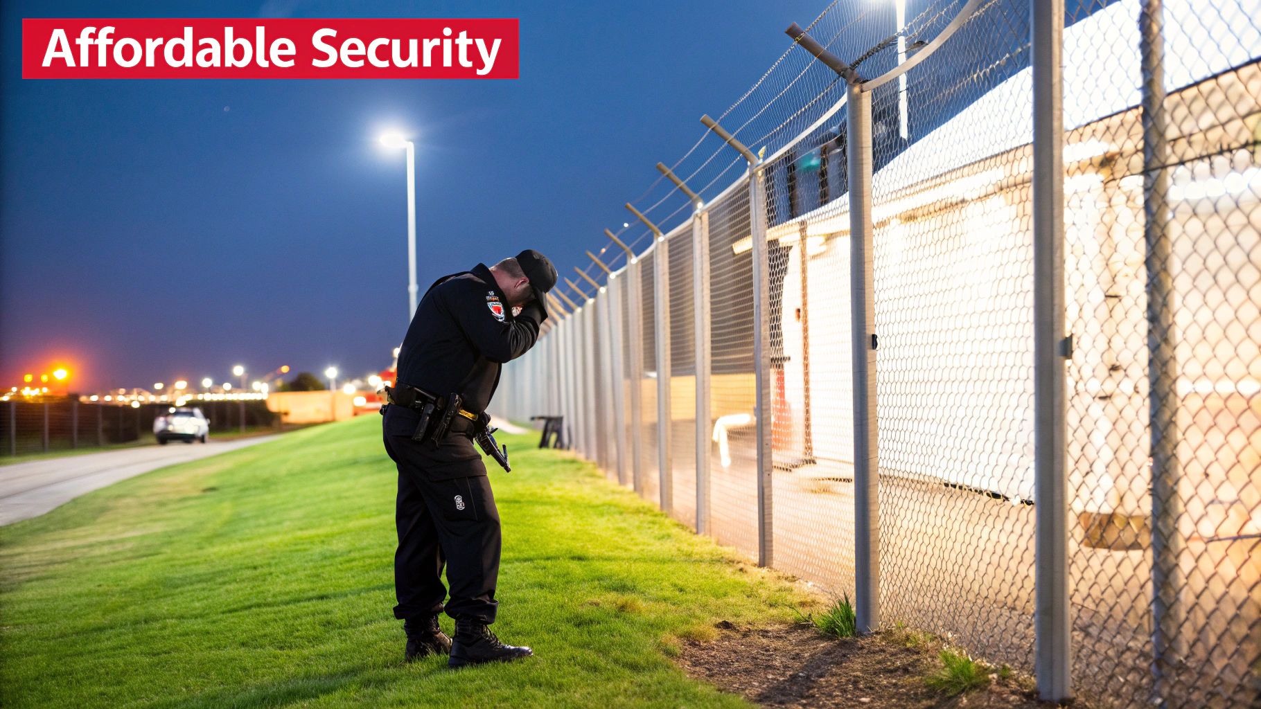 Security officer monitoring perimeter at night, with "Affordable Security" text overlay, highlighting vigilance and professional oversight in local security services.