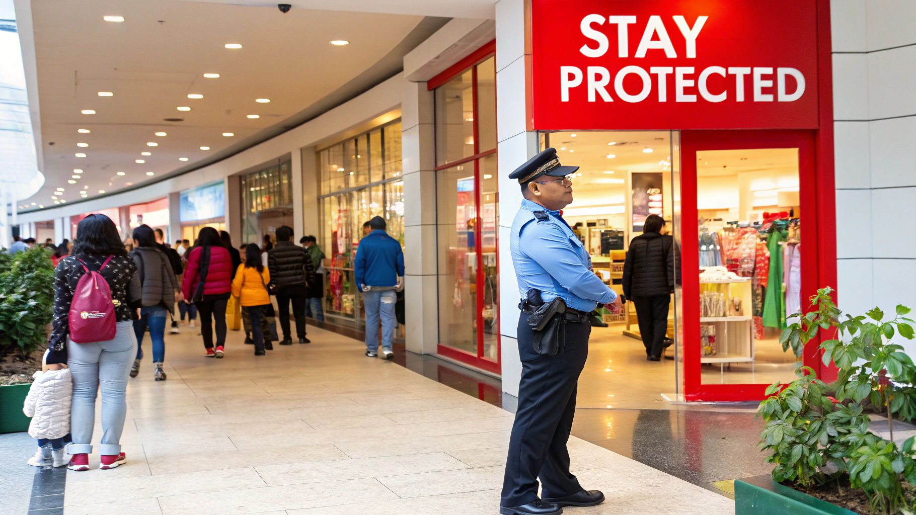Uniformed security guard standing in a retail environment, with a "STAY PROTECTED" sign nearby, overseeing shoppers to enhance safety and prevent inventory shrinkage.