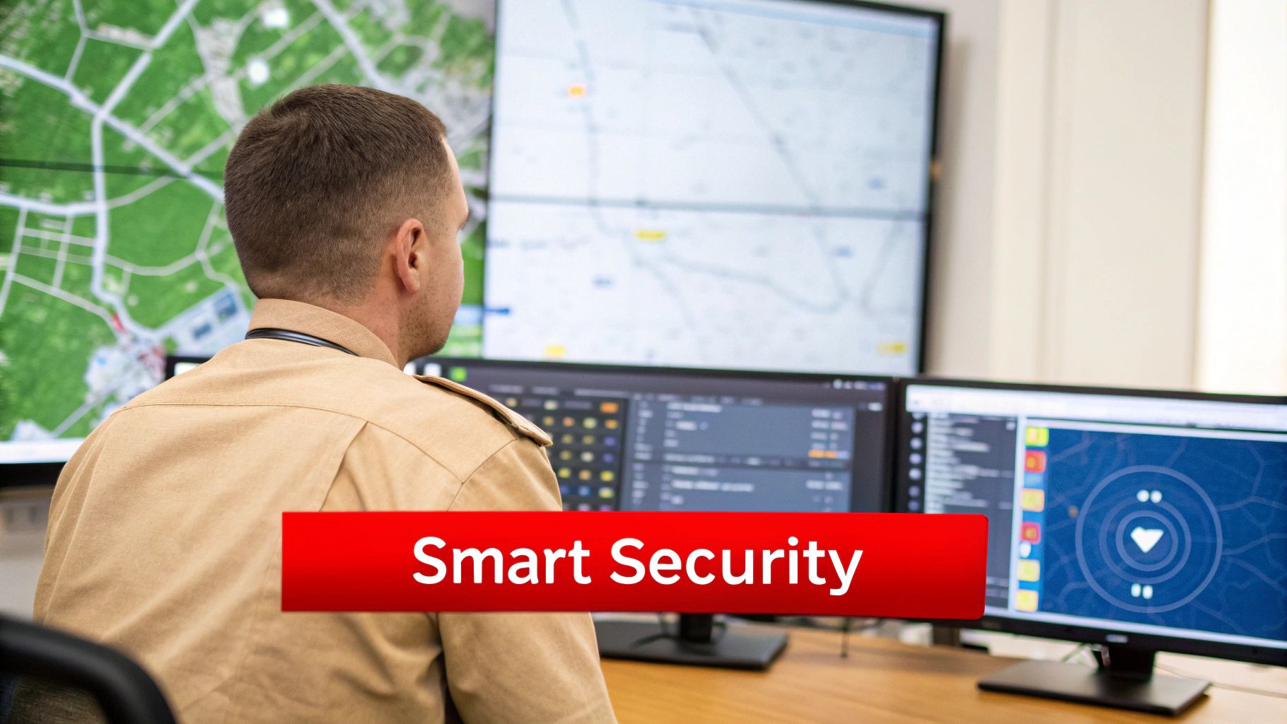 Security officer using a tablet in a modern office building