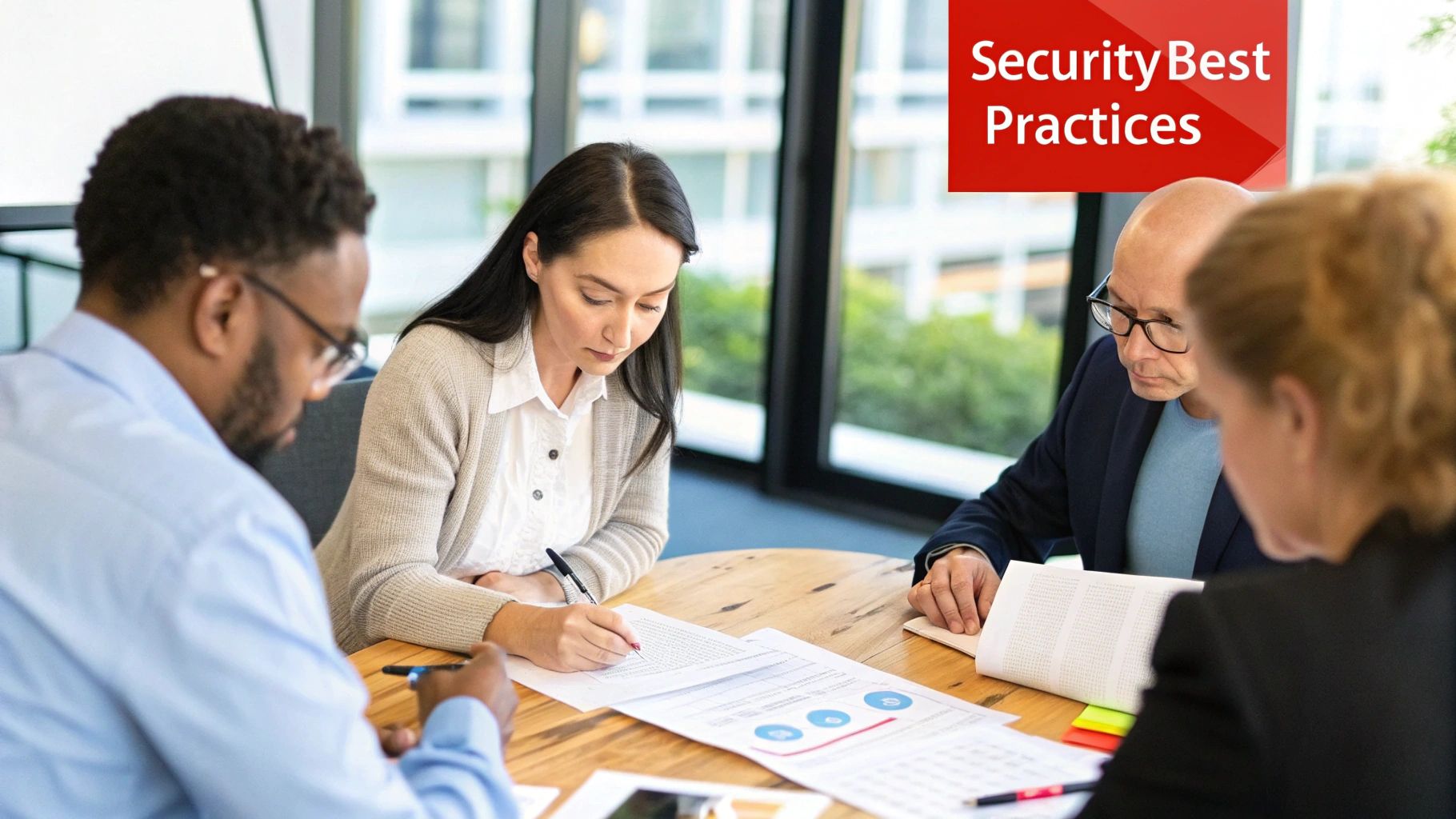 Group of professionals discussing security best practices around a table with documents and notes, emphasizing HOA security strategies in a collaborative setting.