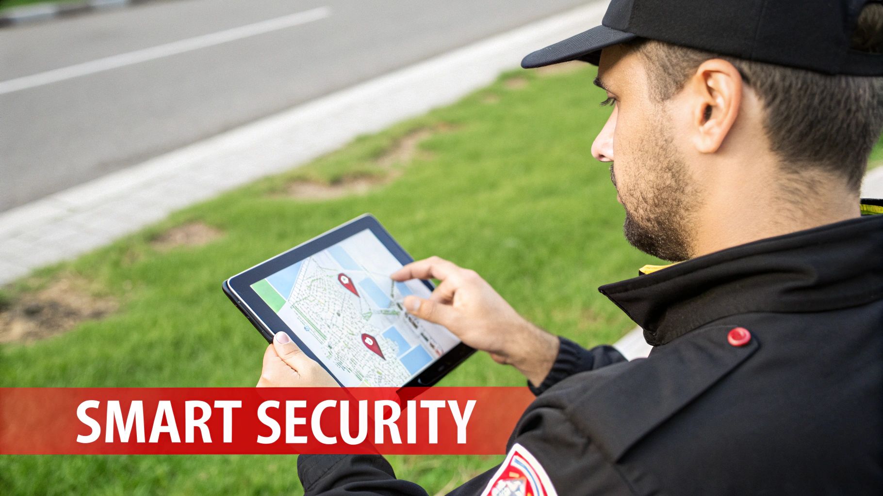 Security guard using tablet to monitor location on map, featuring "Smart Security" text overlay, emphasizing modern security services.