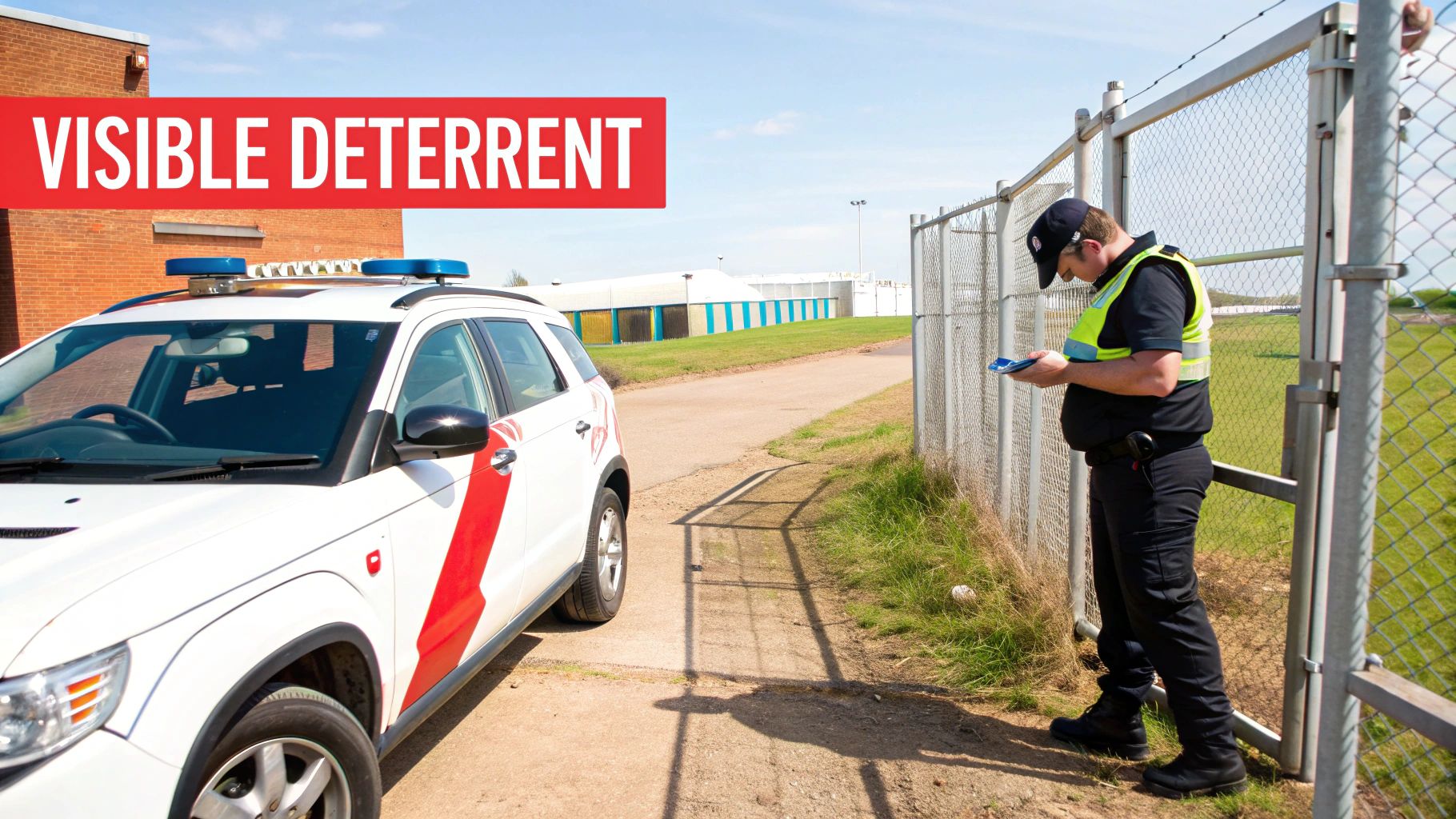 A security guard in uniform checking a device by a fence with a patrol car nearby.