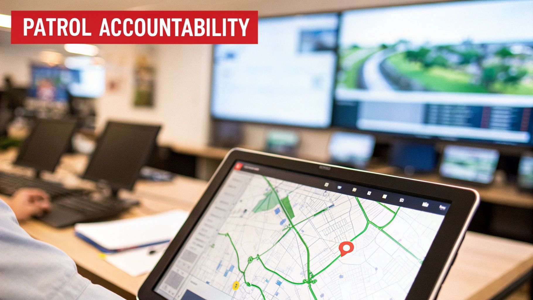 A security officer using a digital device to log a report, demonstrating accountability.