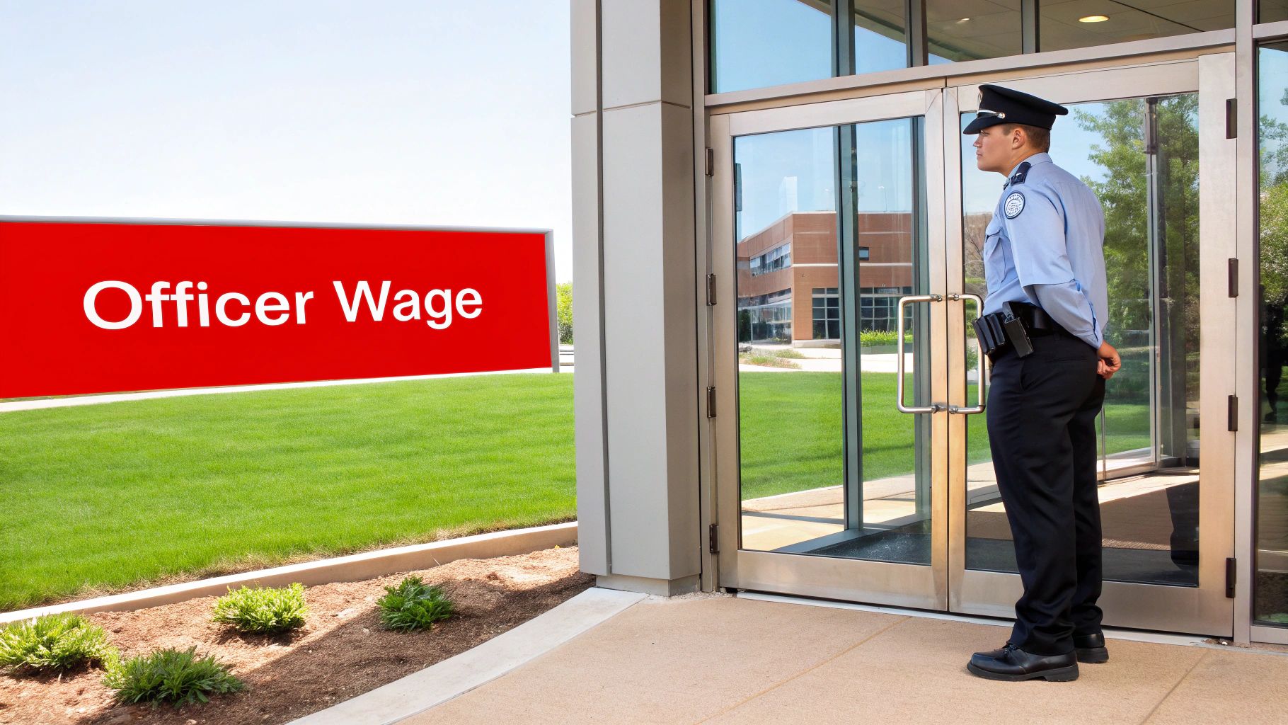 Security officer standing at entrance beside a sign reading "Officer Wage," highlighting factors influencing security guard service pricing.