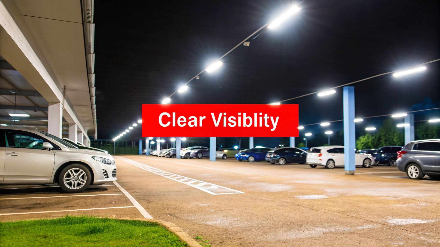 Parking lot at night with bright lighting and a prominent sign reading "Clear Visibility," emphasizing safety and security in Sherman Oaks.