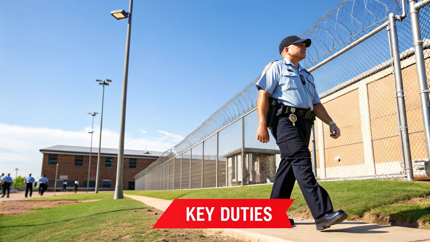 Security guard patrolling a facility with a barbed wire fence, emphasizing key duties in law enforcement and property protection.