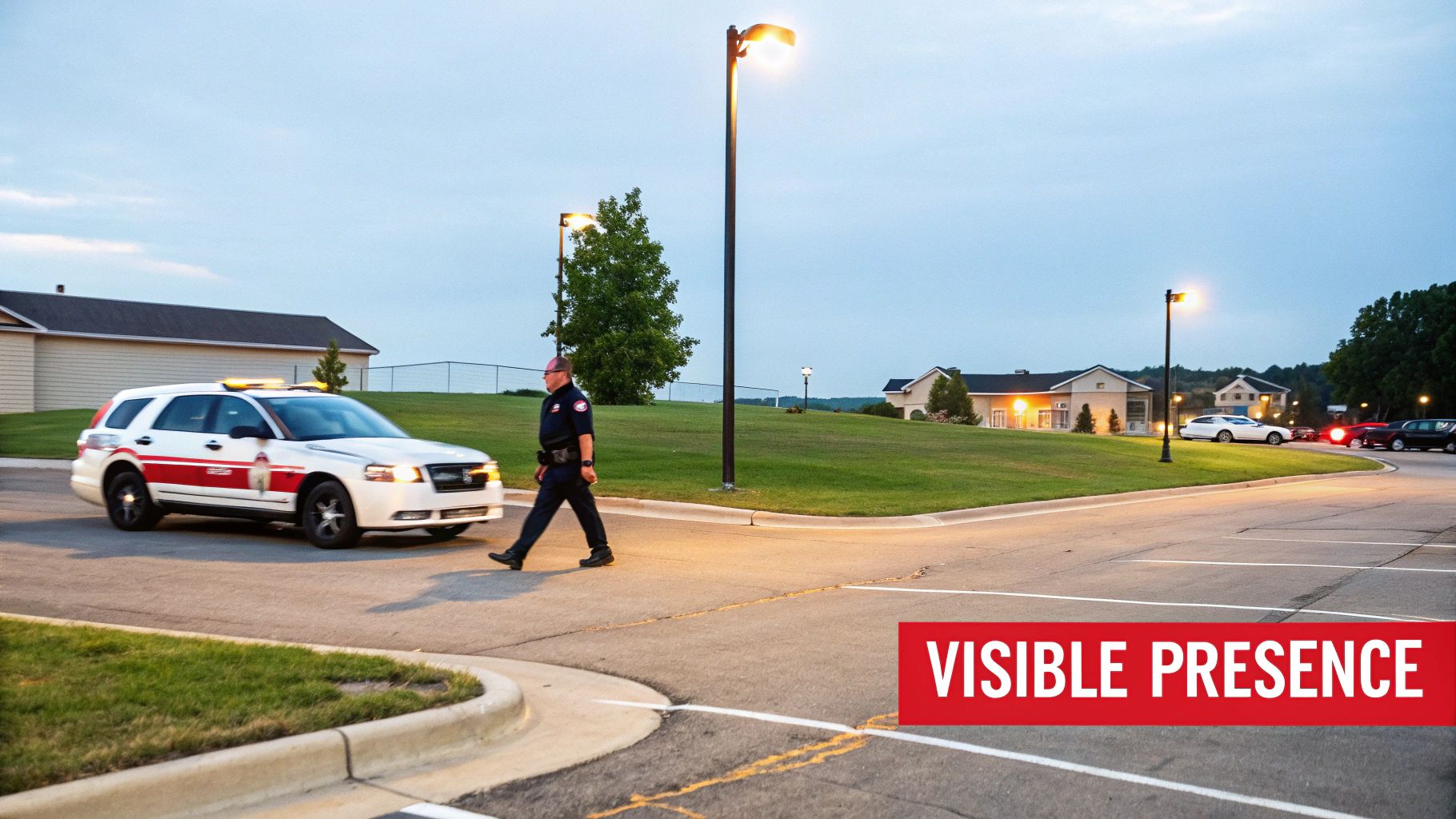 A uniformed patrol officer walks past a a white security vehicle at dusk, with illuminated streetlights and buildings.