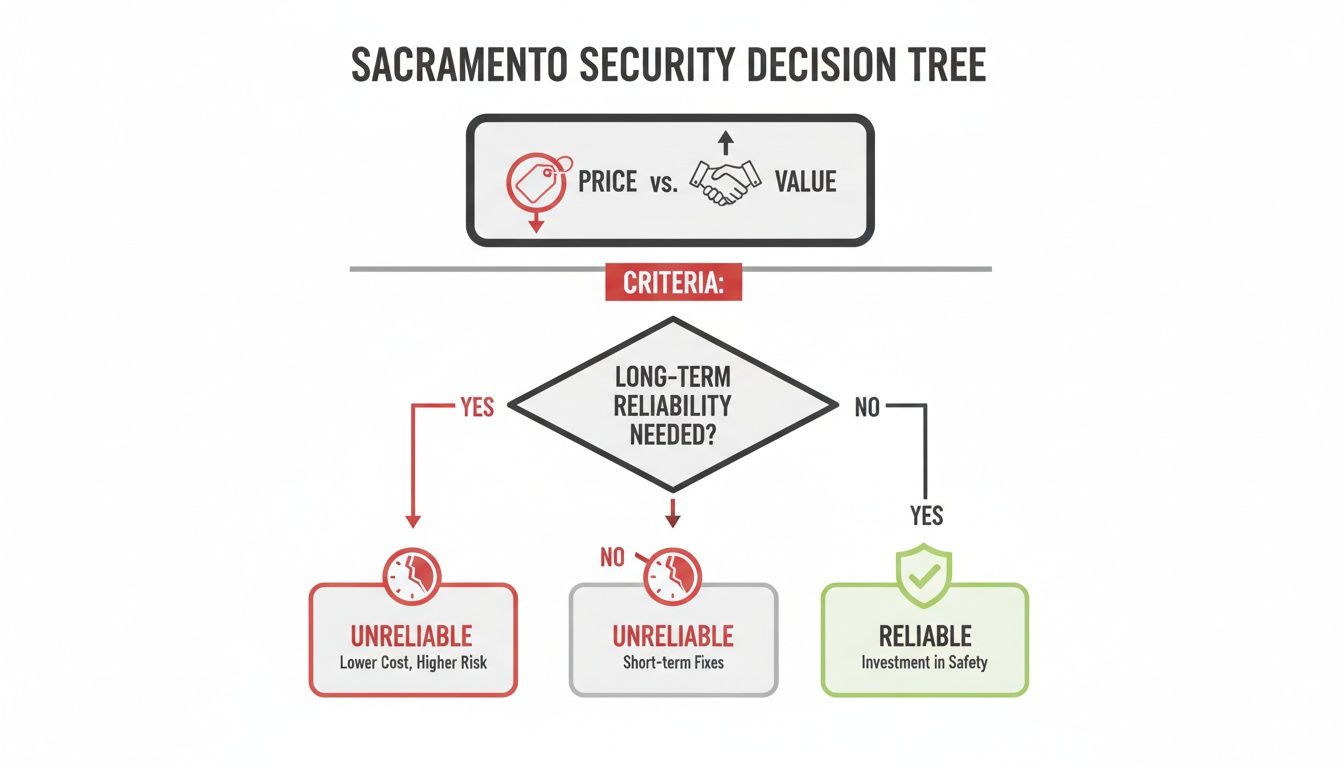 Sacramento security decision tree illustrating choices between price, value, and long-term reliability, leading to reliable or unreliable outcomes.