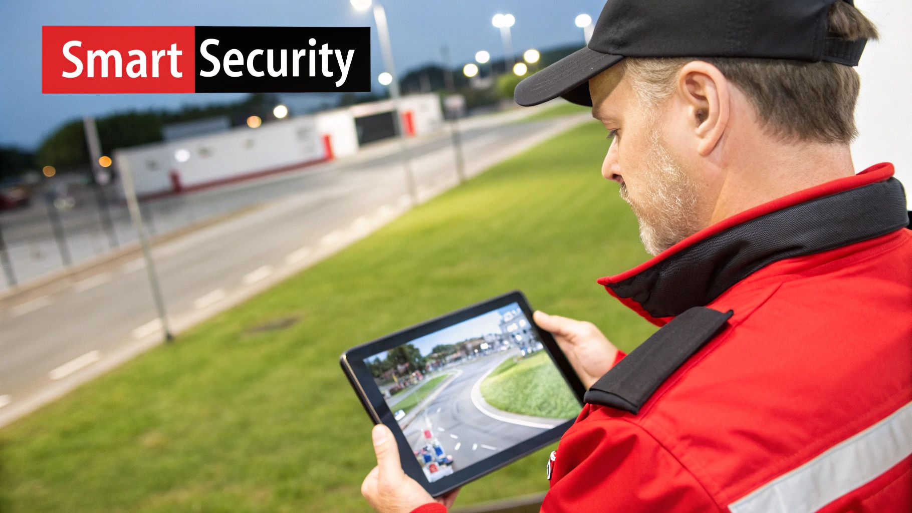 A security officer using a tablet to monitor surveillance footage