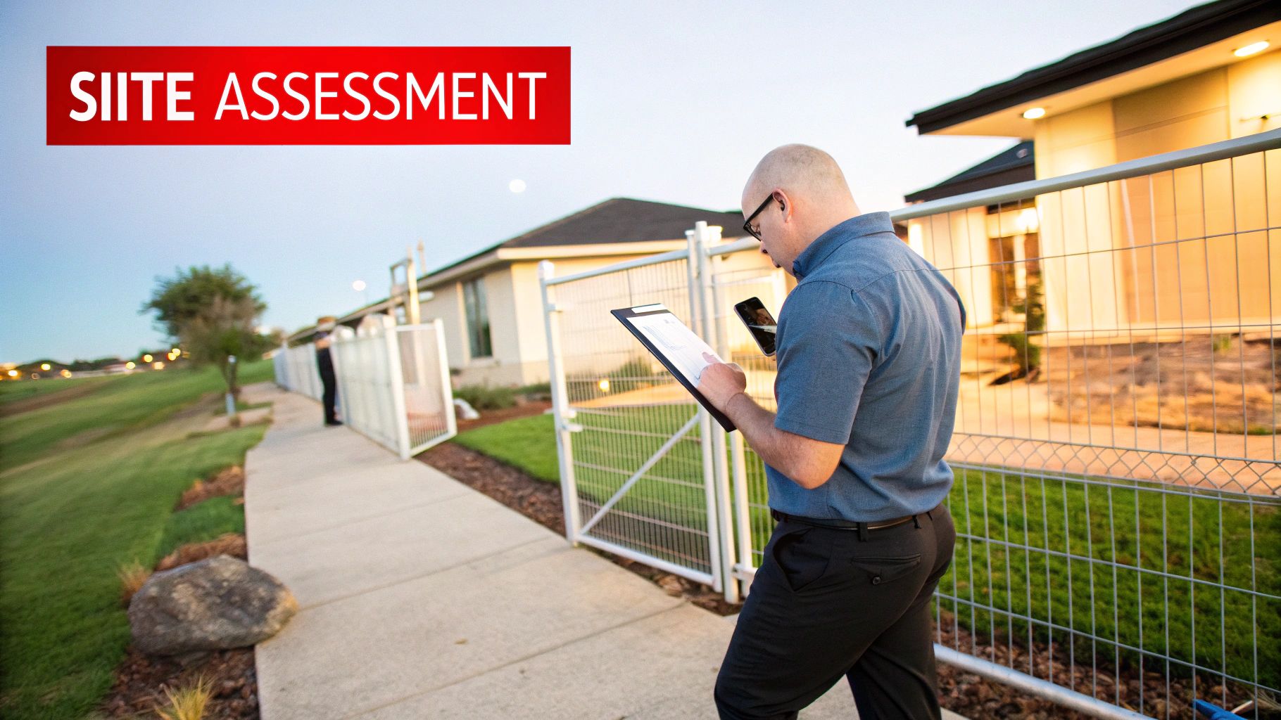A man conducts a site assessment, holding a clipboard and phone, in a residential area with houses and fences.