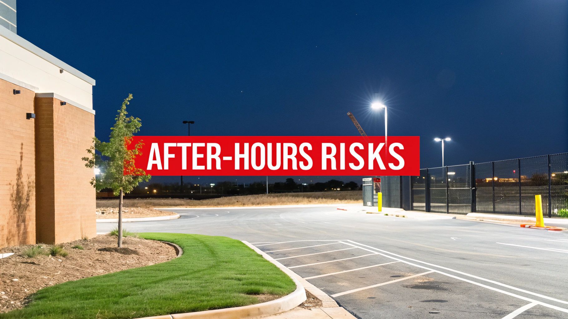 A dark, unlit commercial parking lot at night