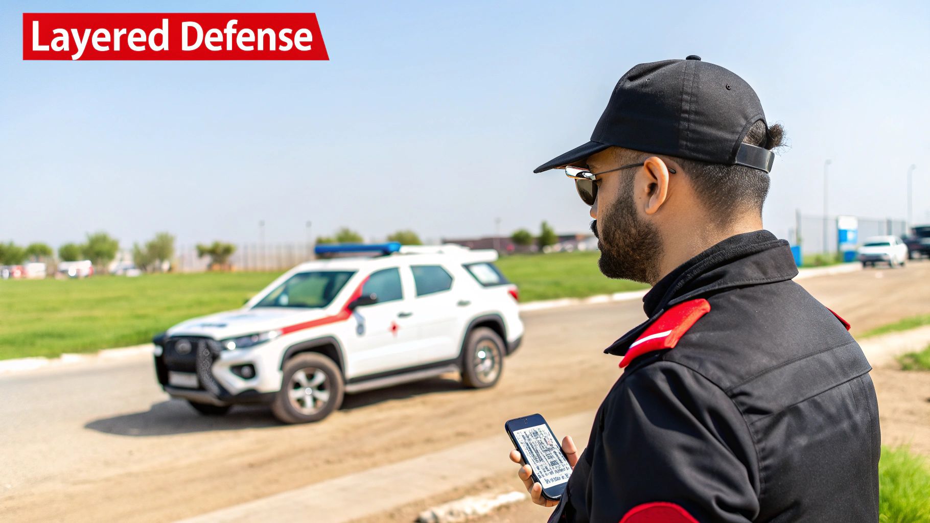 A uniformed security guard stands watch in a modern building lobby, representing on-site personnel.