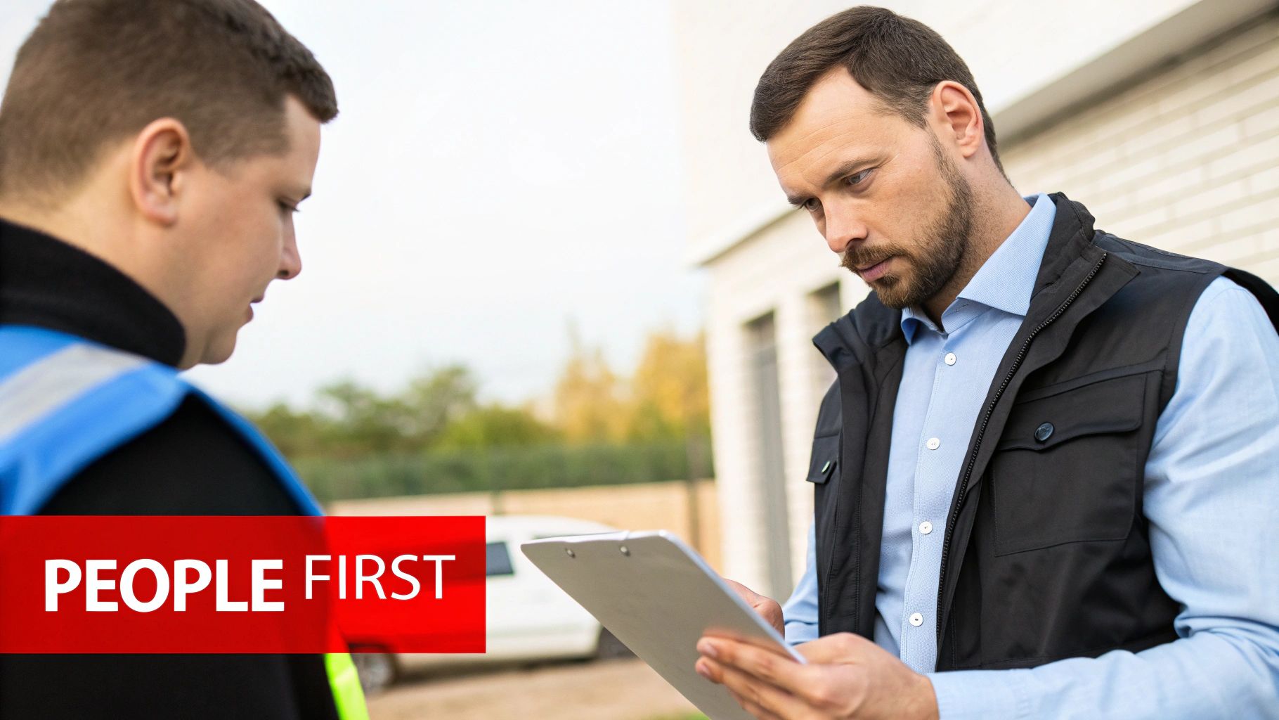 A security guard in a blue vest and a client discuss a document on a clipboard.
