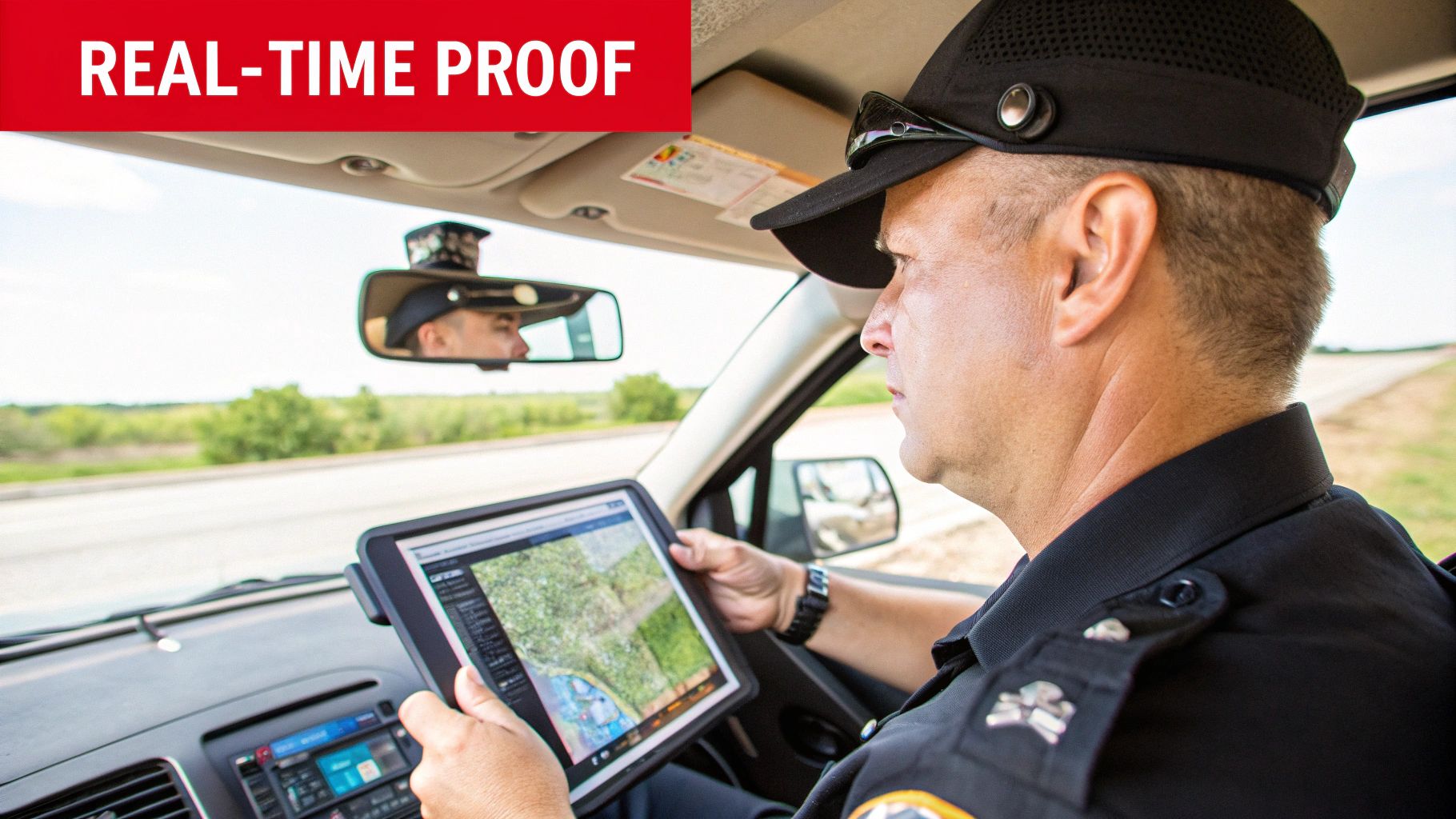 Police officer in a patrol car viewing real-time map data on a tablet device.