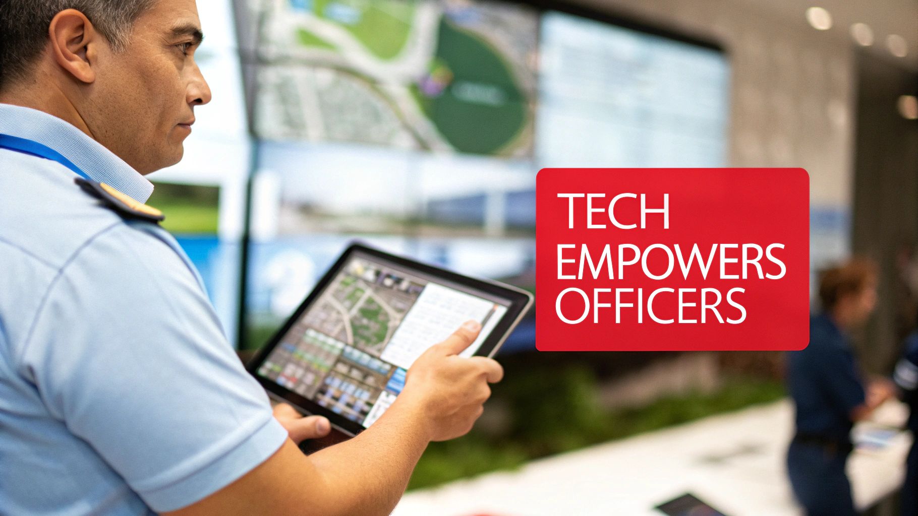 Security officer using tablet with surveillance system monitoring warehouse facility technology