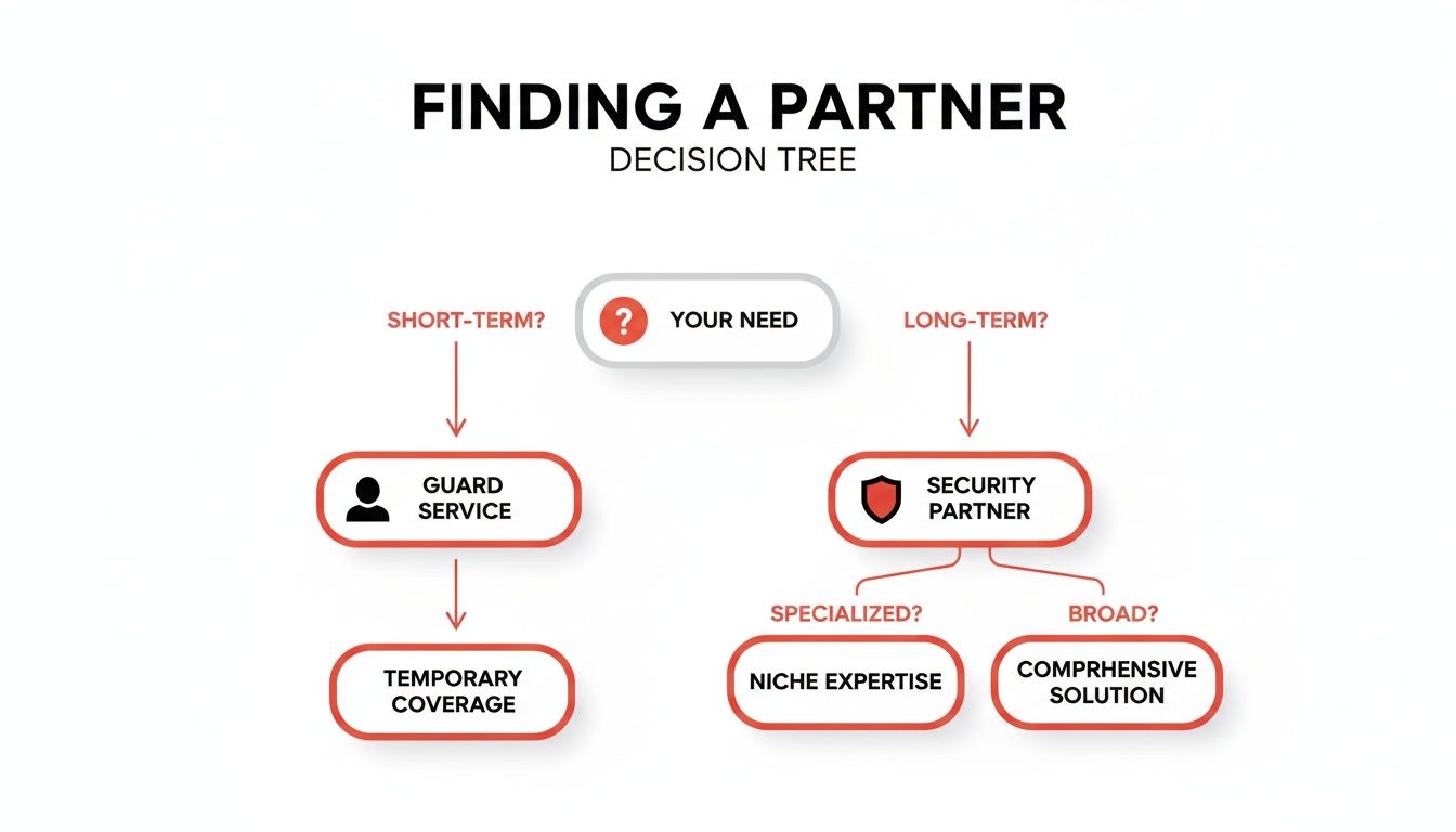 A decision tree illustrating how to find a security partner based on short-term or long-term needs.