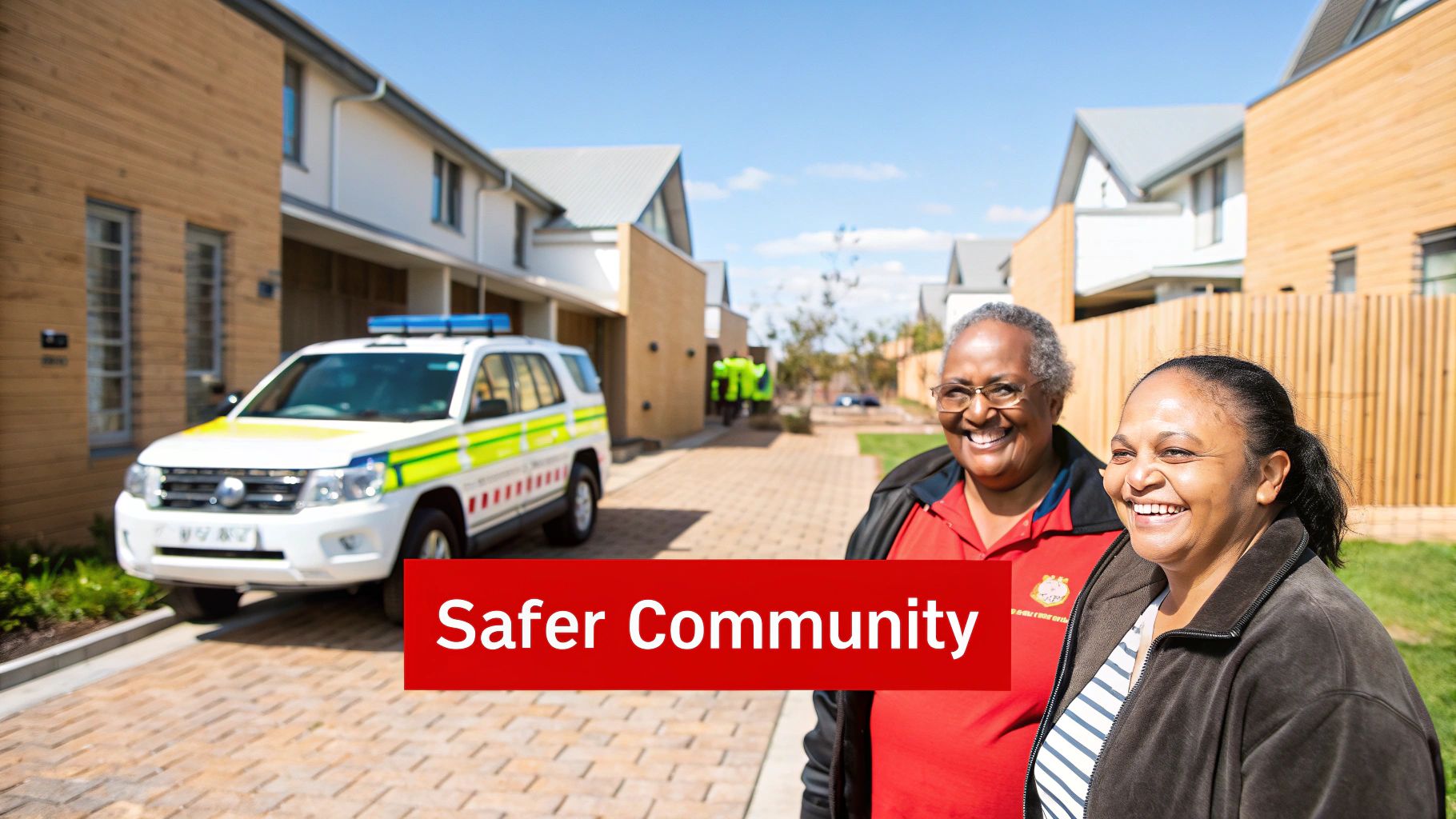 Two smiling women stand in a modern community with a white patrol car, promoting a safer environment.