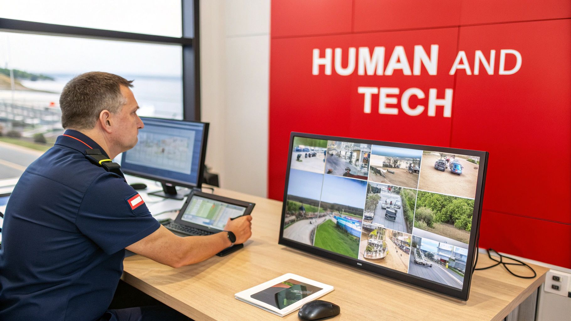 A man in uniform monitors multiple surveillance feeds and computers in a modern control room, featuring "HUMAN AND TECH" branding.