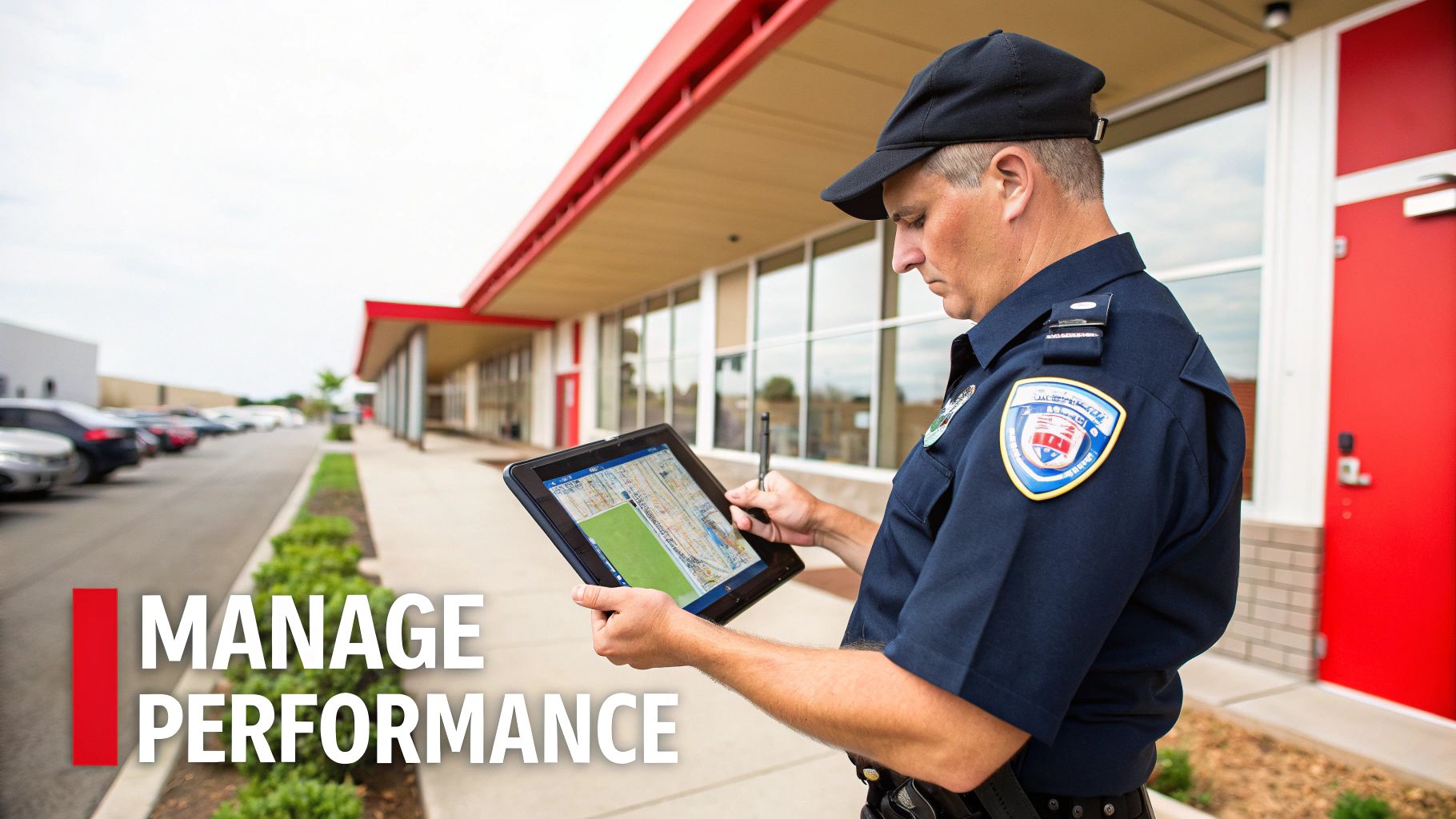 A security guard in uniform uses a tablet with a stylus, displaying a map interface outdoors.